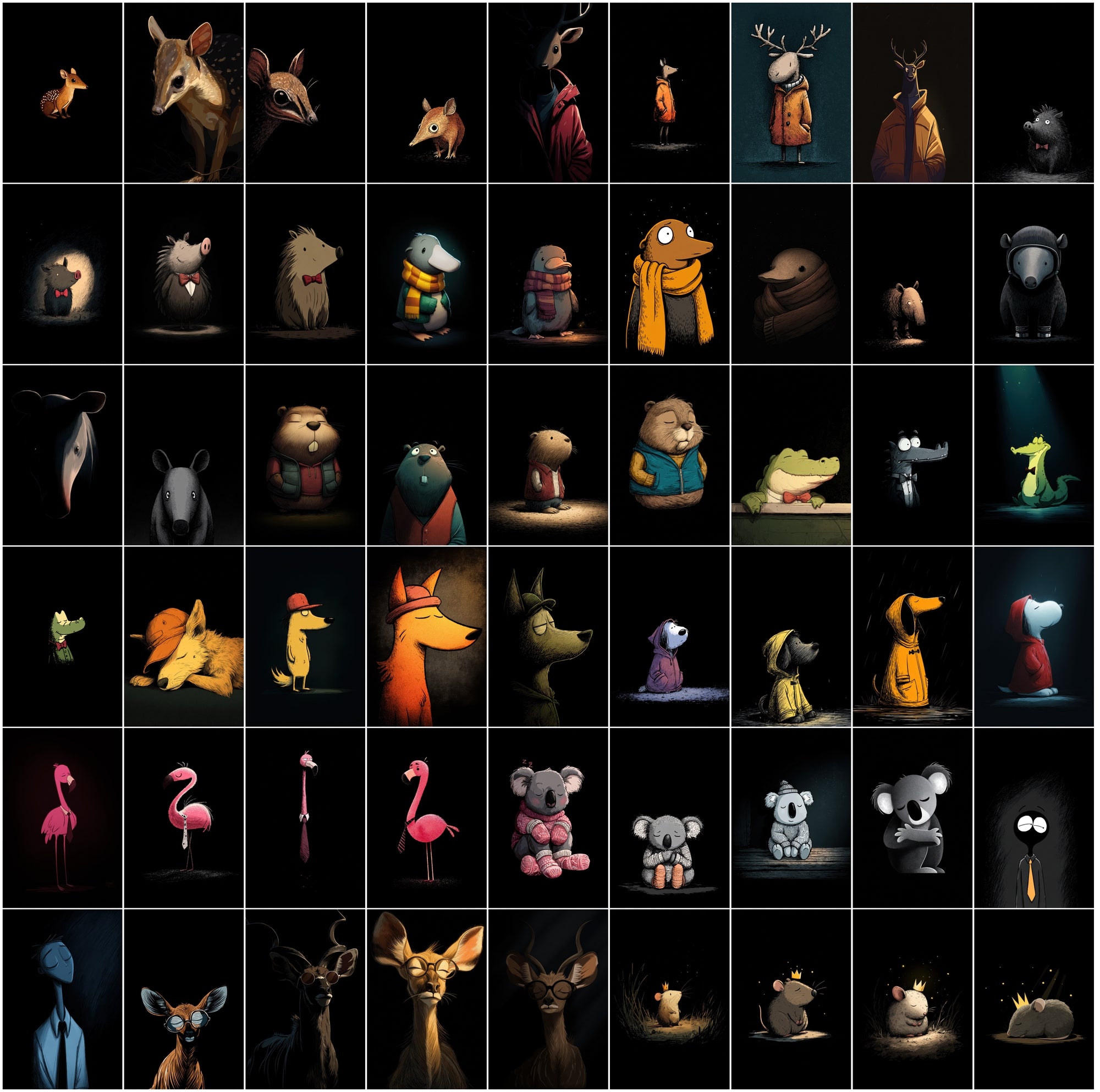630 Animals Almost Visible in the Darkness | Cute Cartoon Animal Clipart Bundle | Dark Moody Illustrations