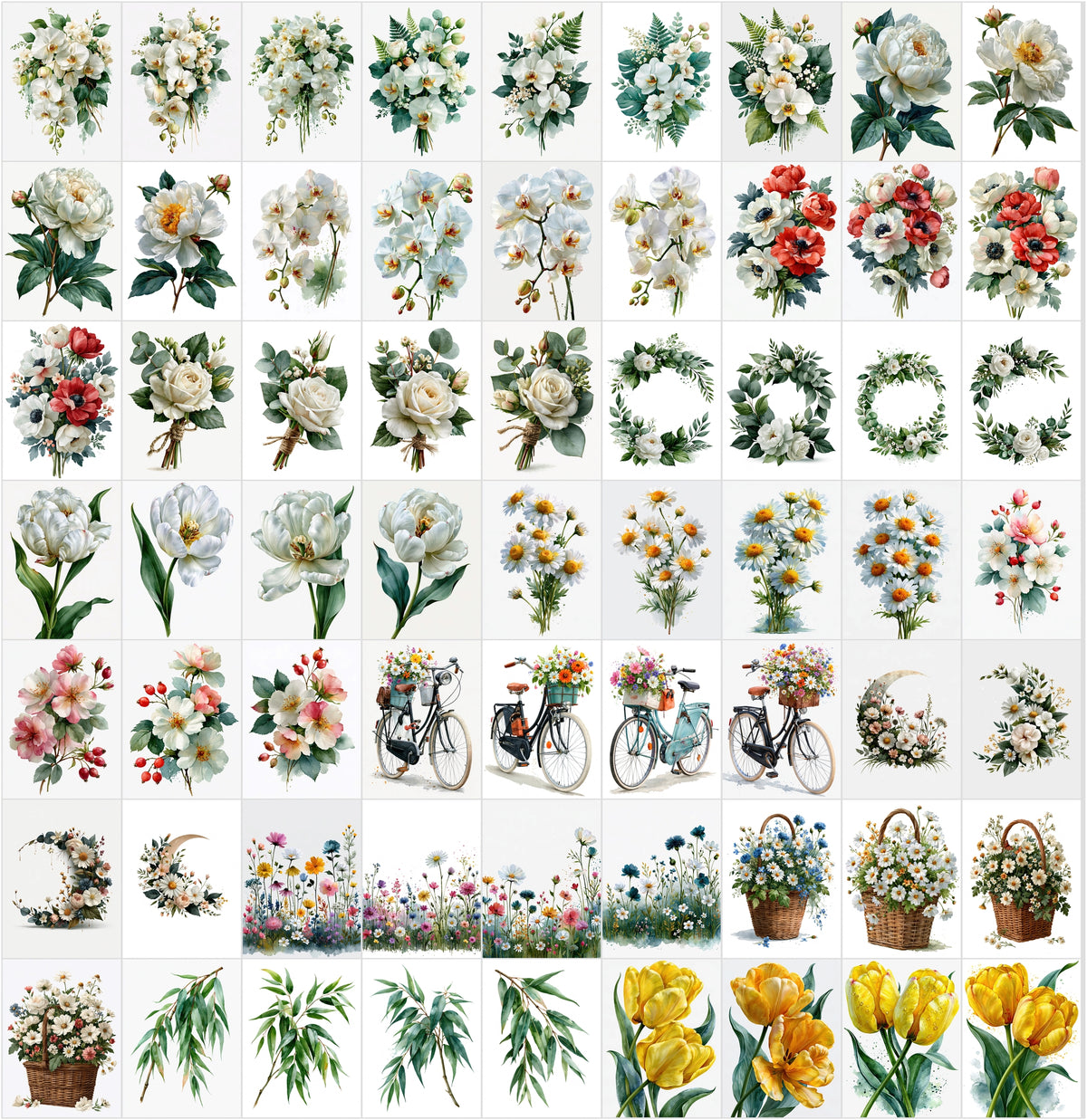 635 Watercolor Flowers Clipart Bundle – Wedding Florals, Bouquets, Wreaths & Greenery PNG-Ready JPG, Commercial Use