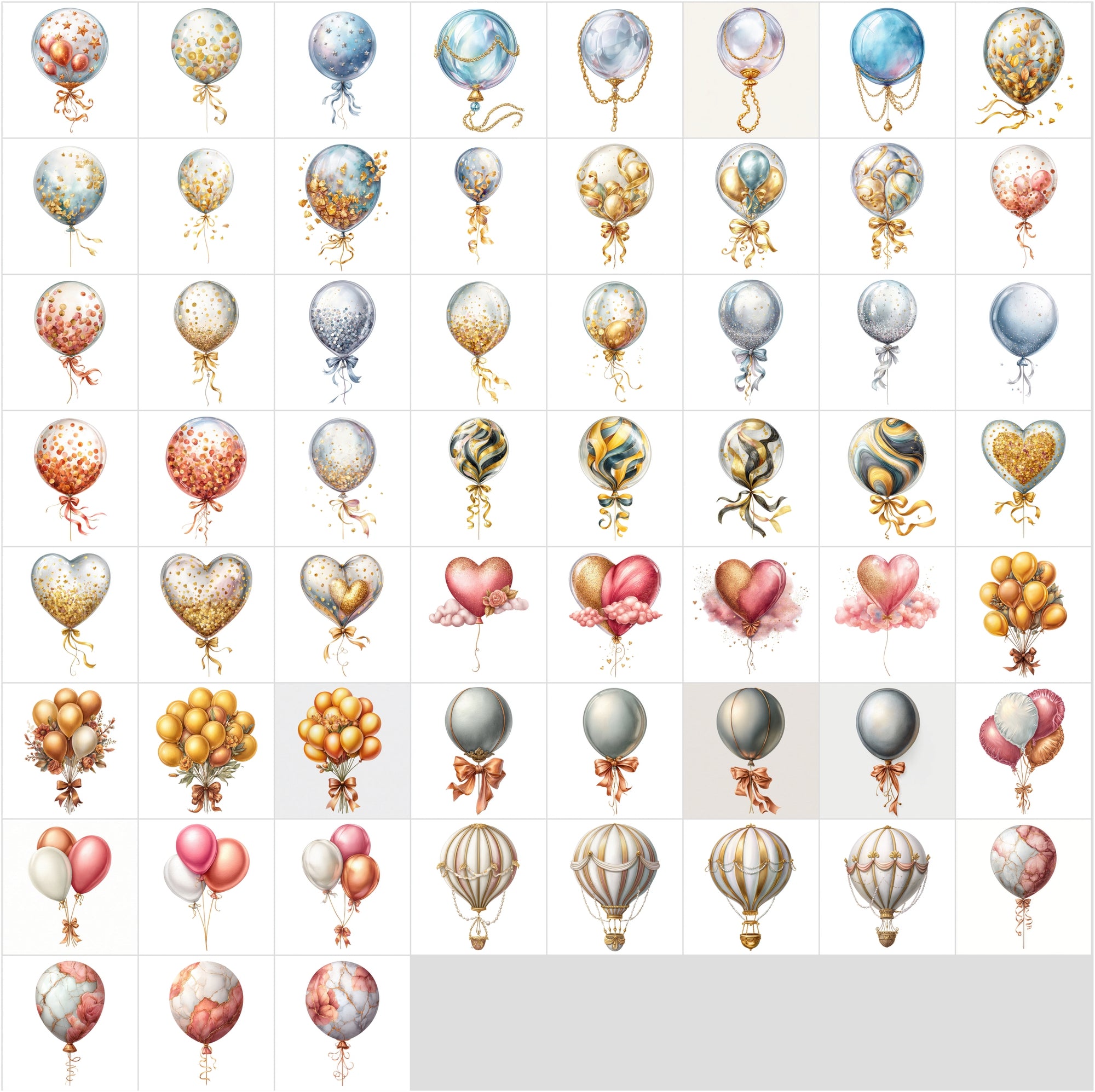 635 Watercolor Balloon Clipart Bundle • Metallic & Luxury Balloon Set