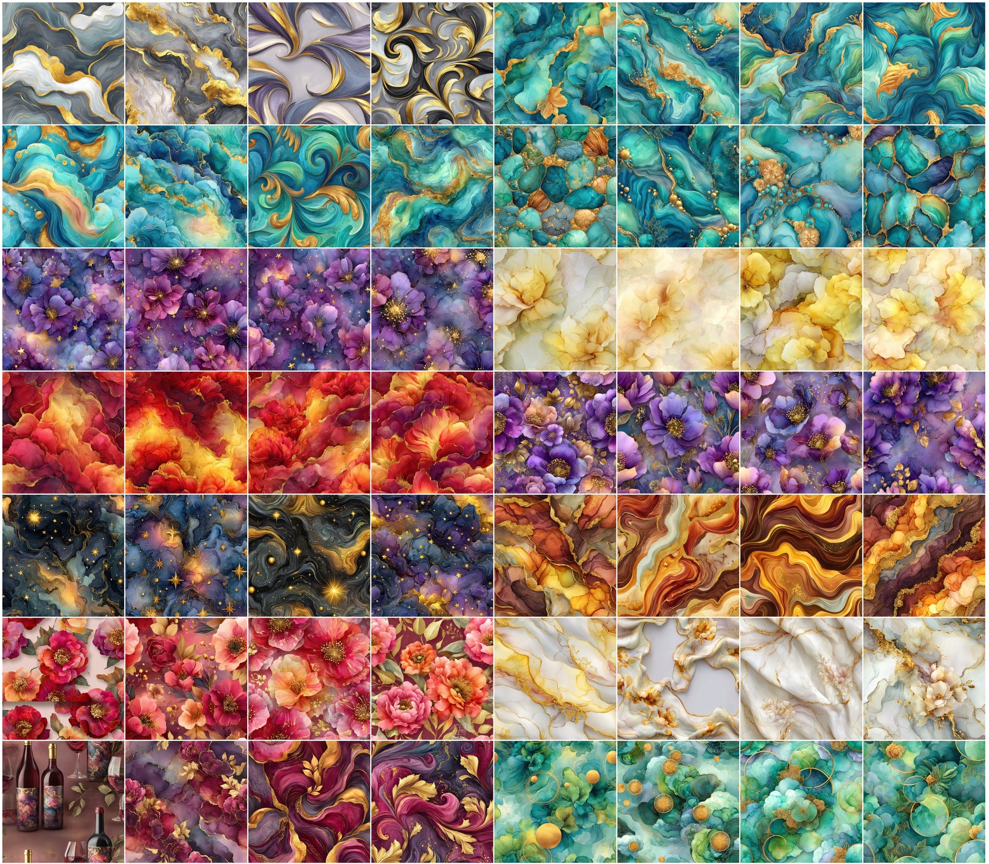 632 Seamless Abstract Ink Patterns Bundle with Gold Veins | Luxury Fluid Backgrounds