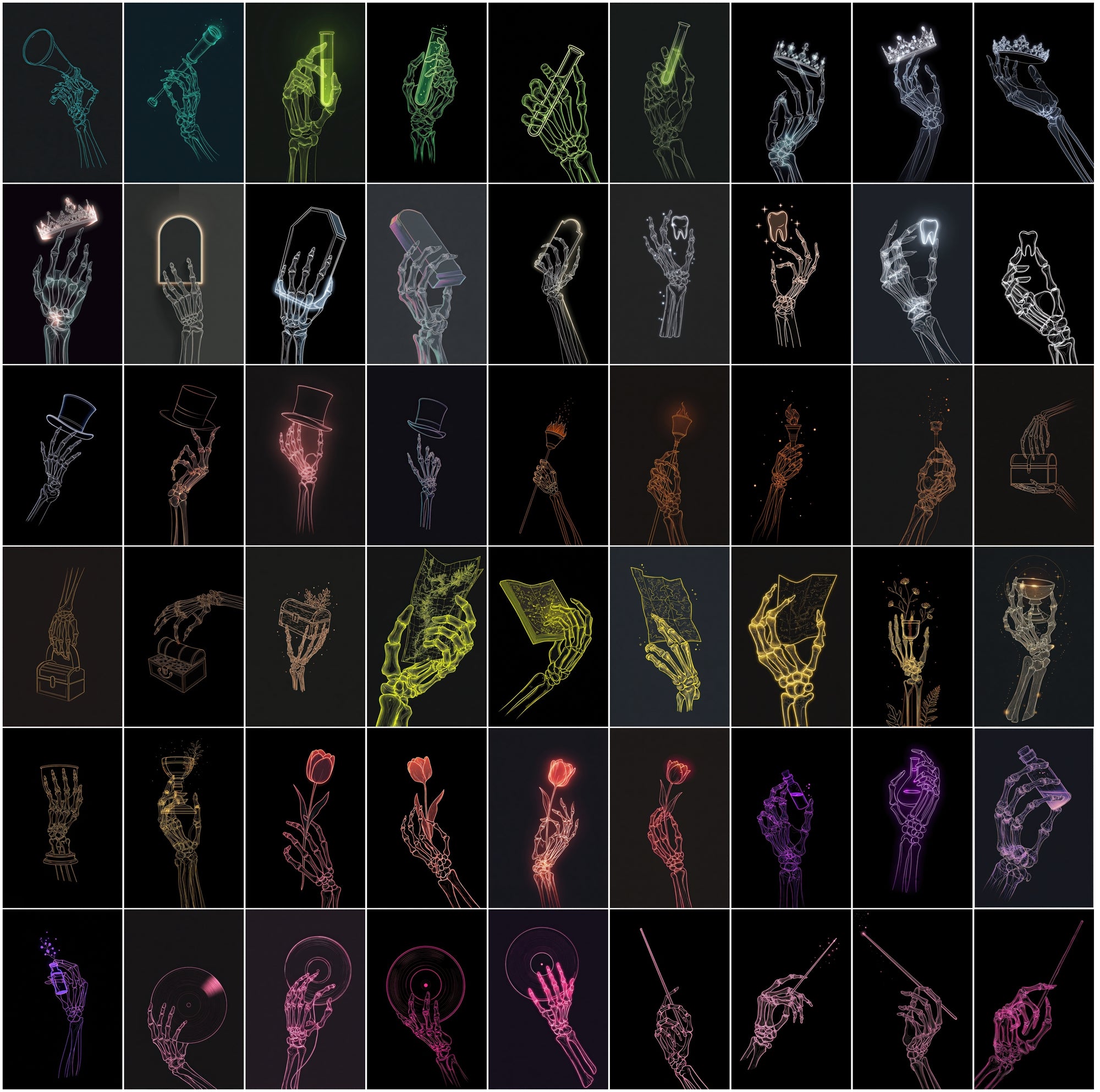 630 Skeleton Hand Neon Line Art Bundle, Halloween Clipart Pack, Gothic Posters