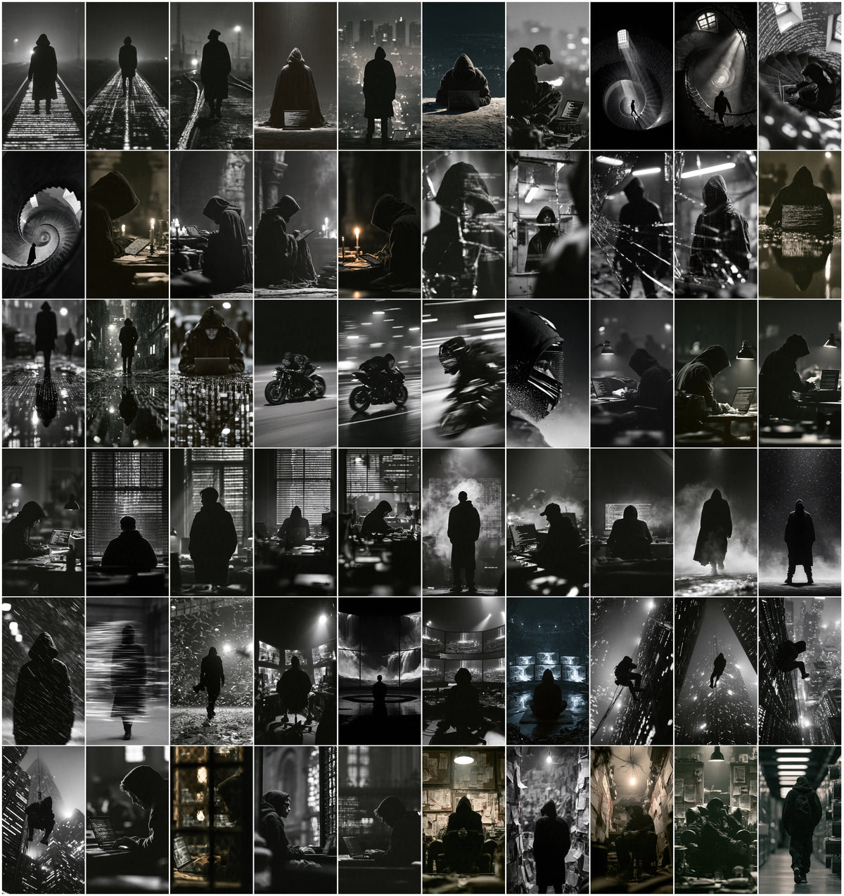 635 Hacker Images Bundle – Black & White Cyberpunk Photography, Binary Code & Hooded Hacker Wallpapers, 9:16 JPG, Commercial License