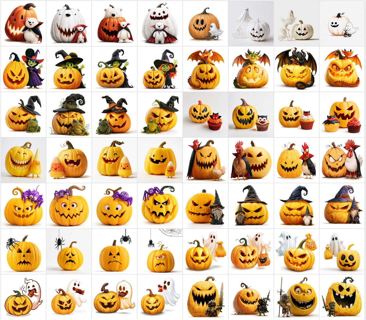 632 Halloween Cartoon Pumpkin Clipart Bundle – Spooky Jack-o’-Lantern Characters on White Background,