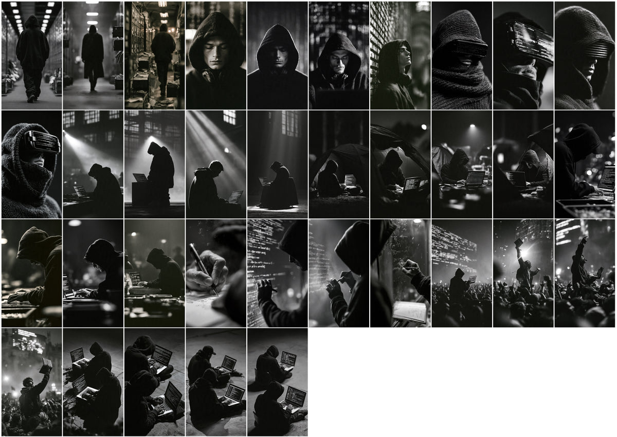 635 Hacker Images Bundle – Black & White Cyberpunk Photography, Binary Code & Hooded Hacker Wallpapers, 9:16 JPG, Commercial License