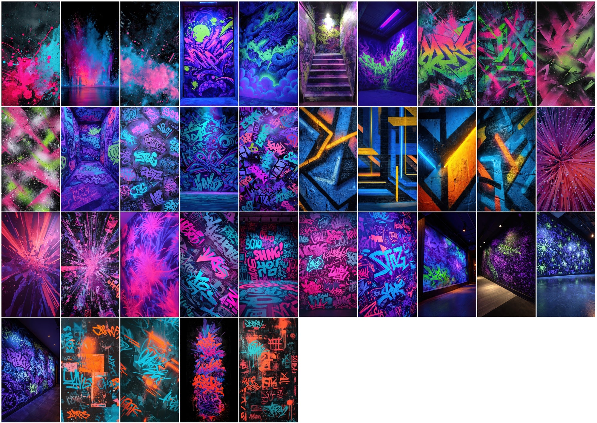 635 Neon Graffiti Wall Backgrounds - Blacklight UV Fluorescent Street Art