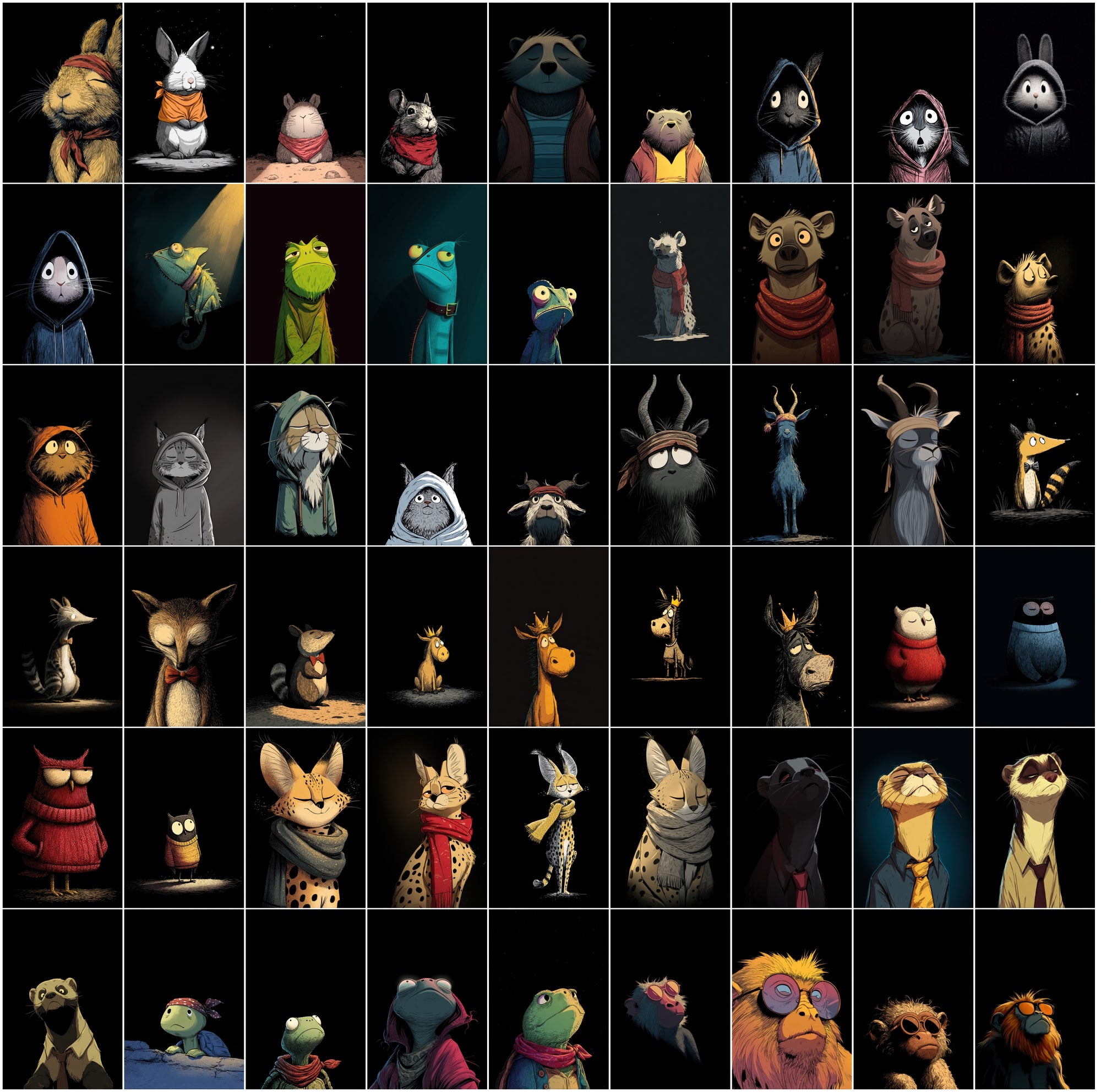 630 Animals Almost Visible in the Darkness | Cute Cartoon Animal Clipart Bundle | Dark Moody Illustrations