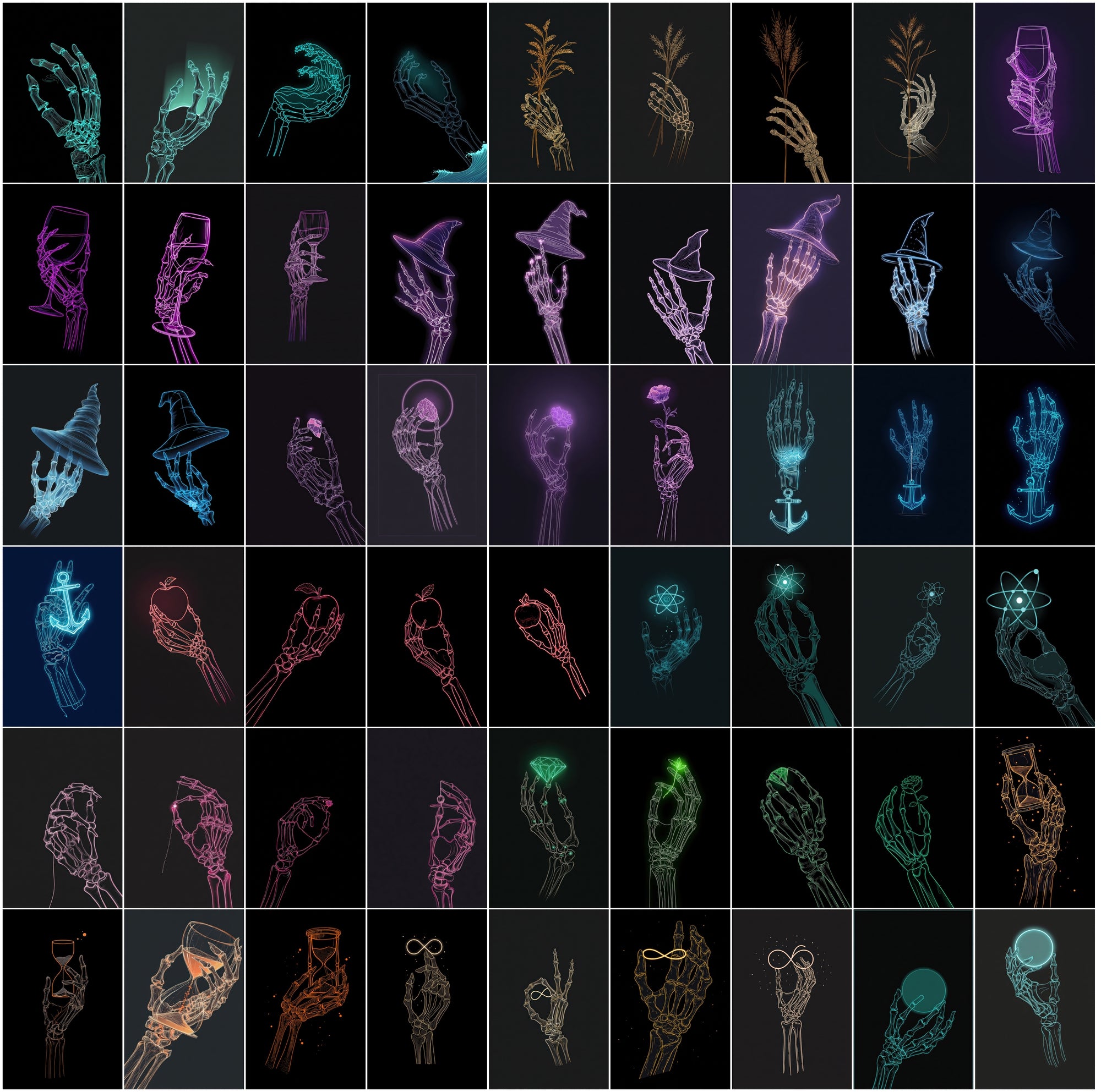 630 Skeleton Hand Neon Line Art Bundle, Halloween Clipart Pack, Gothic Posters