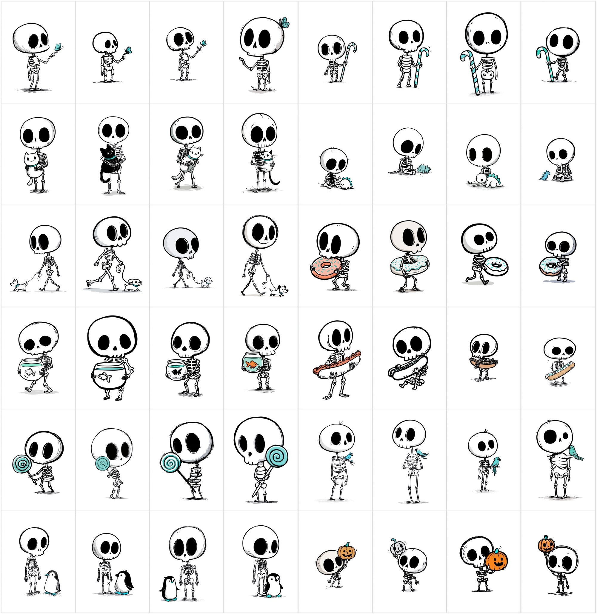 600 Cute Skeleton Doodle Clipart Bundle | Hand Drawn Stickman Skull Illustrations