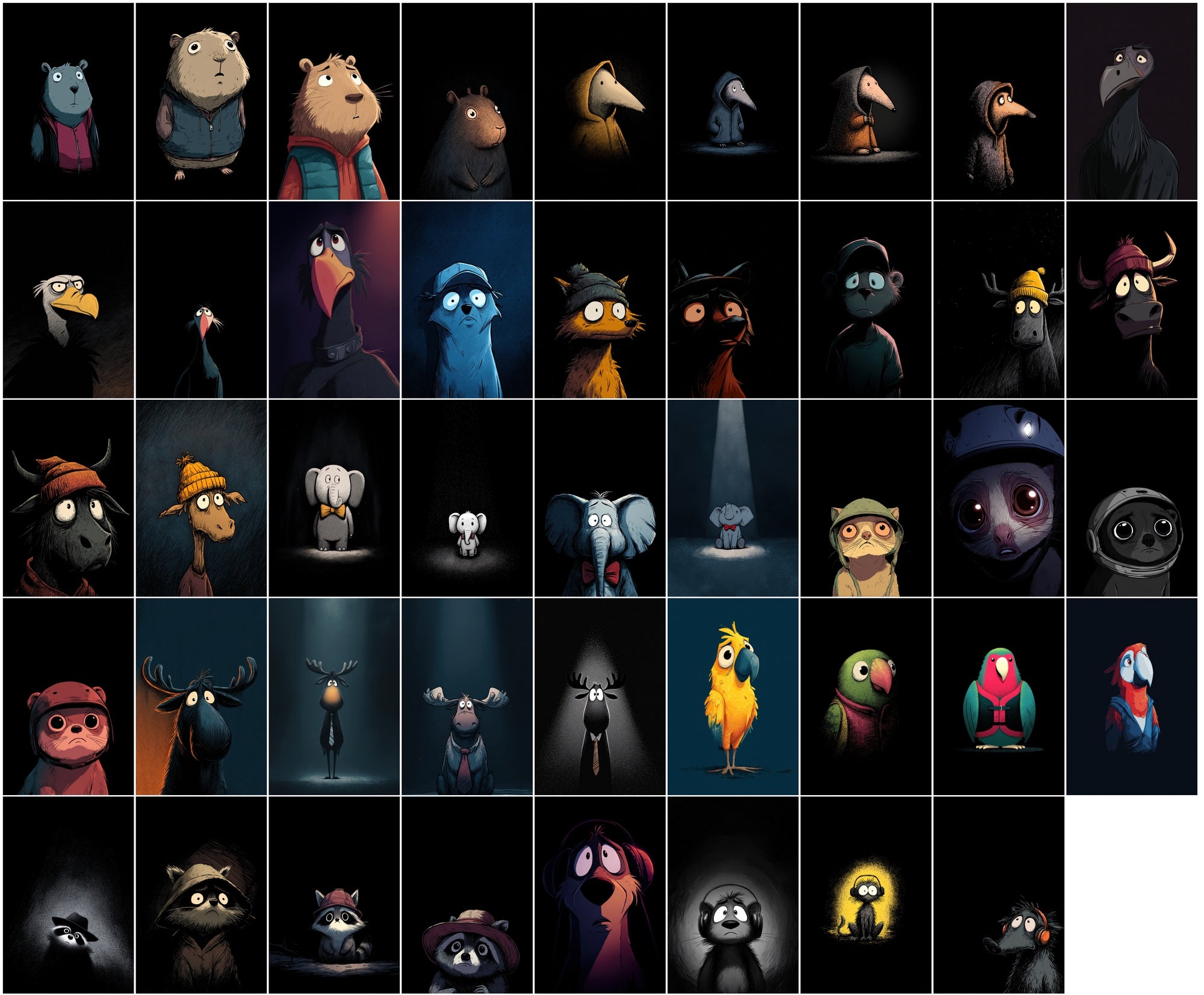 630 Animals Almost Visible in the Darkness | Cute Cartoon Animal Clipart Bundle | Dark Moody Illustrations