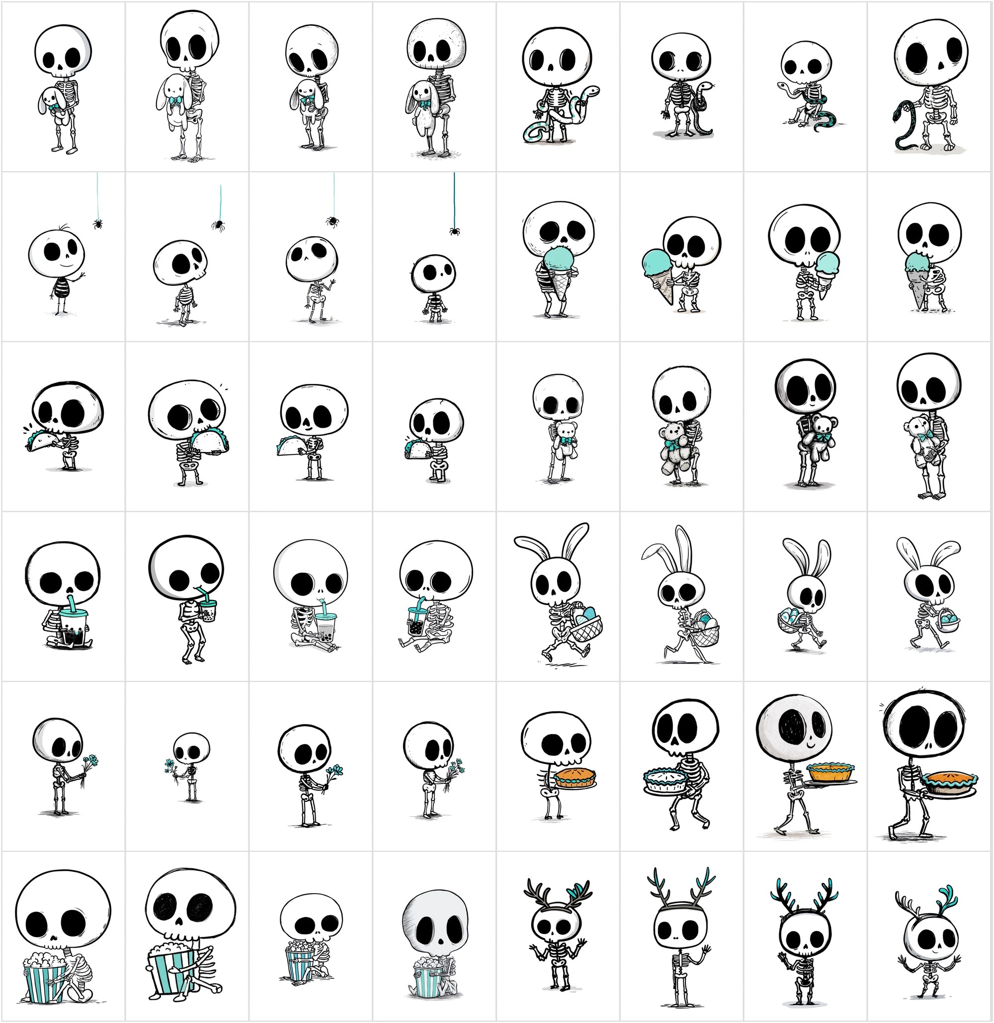600 Cute Skeleton Doodle Clipart Bundle | Hand Drawn Stickman Skull Illustrations