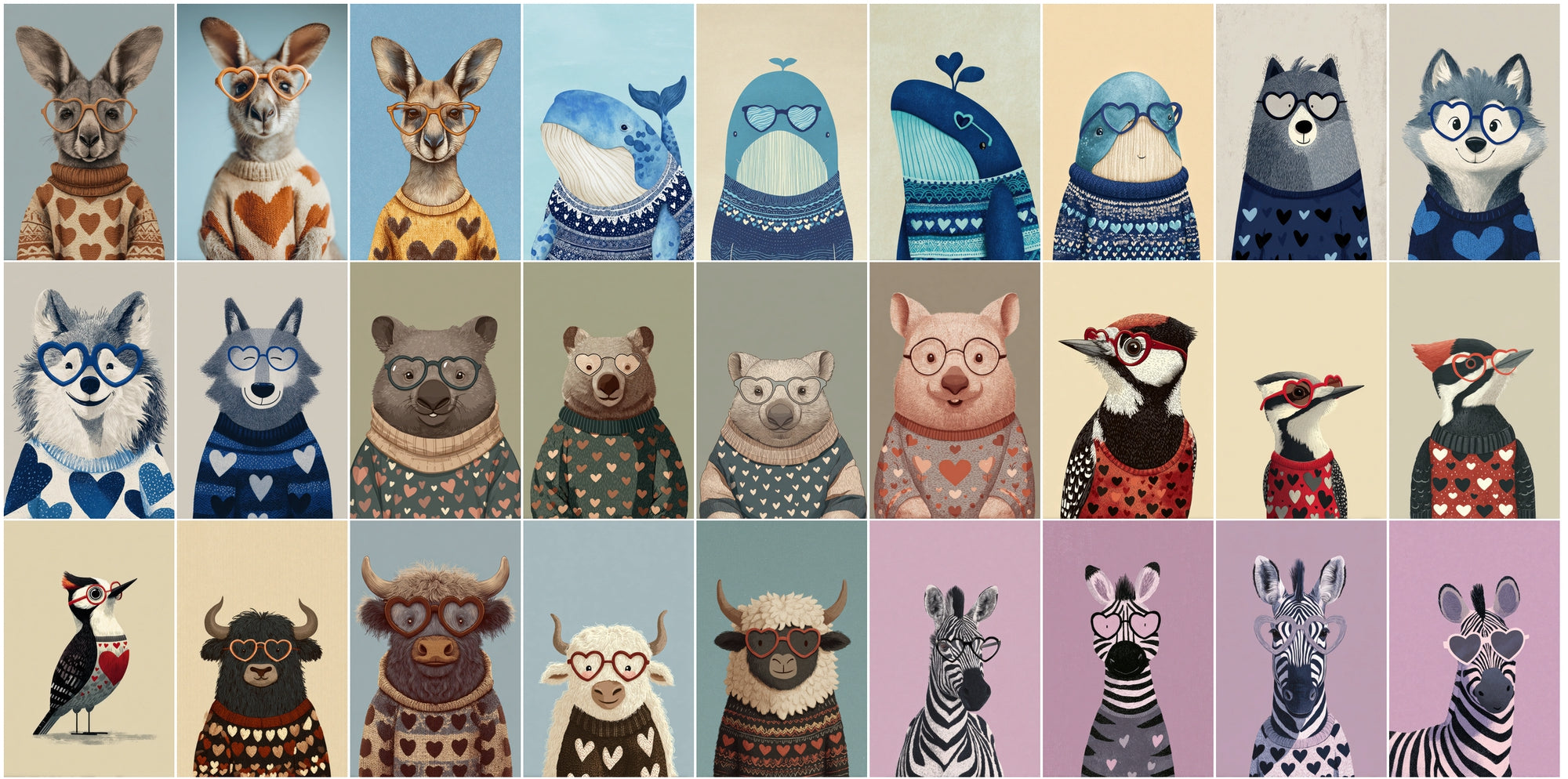 620 Cute Animals Clipart Bundle JPG | Heart Sweater Animals + Heart Glasses