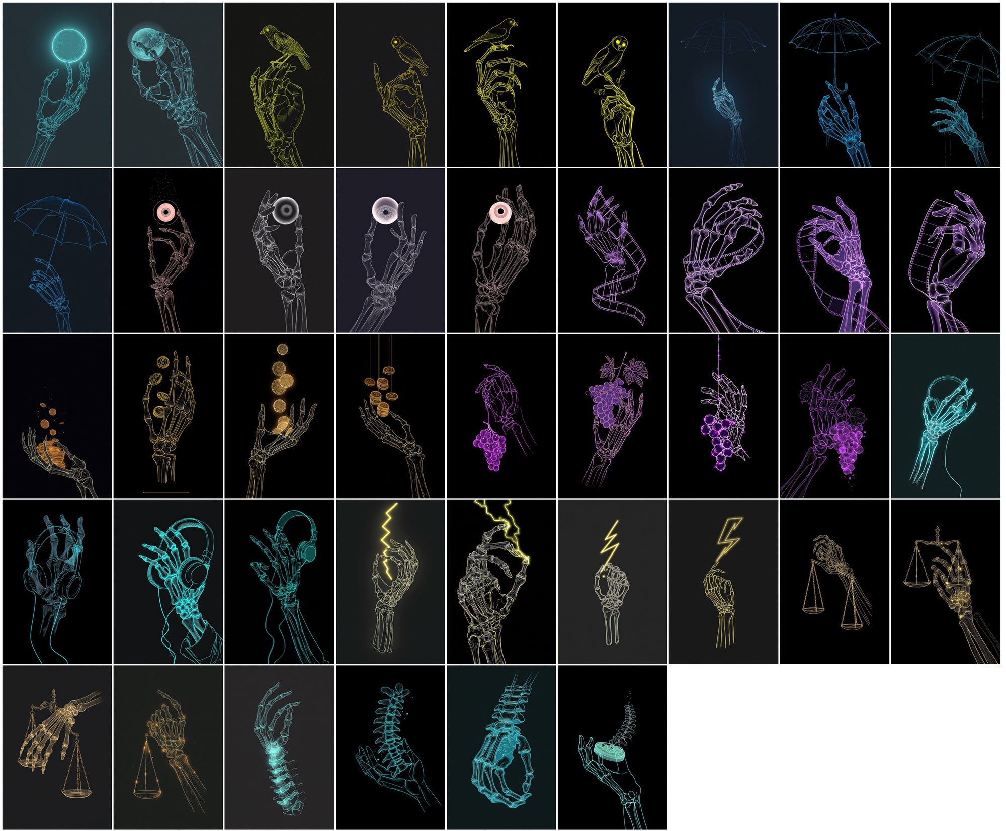 630 Skeleton Hand Neon Line Art Bundle, Halloween Clipart Pack, Gothic Posters