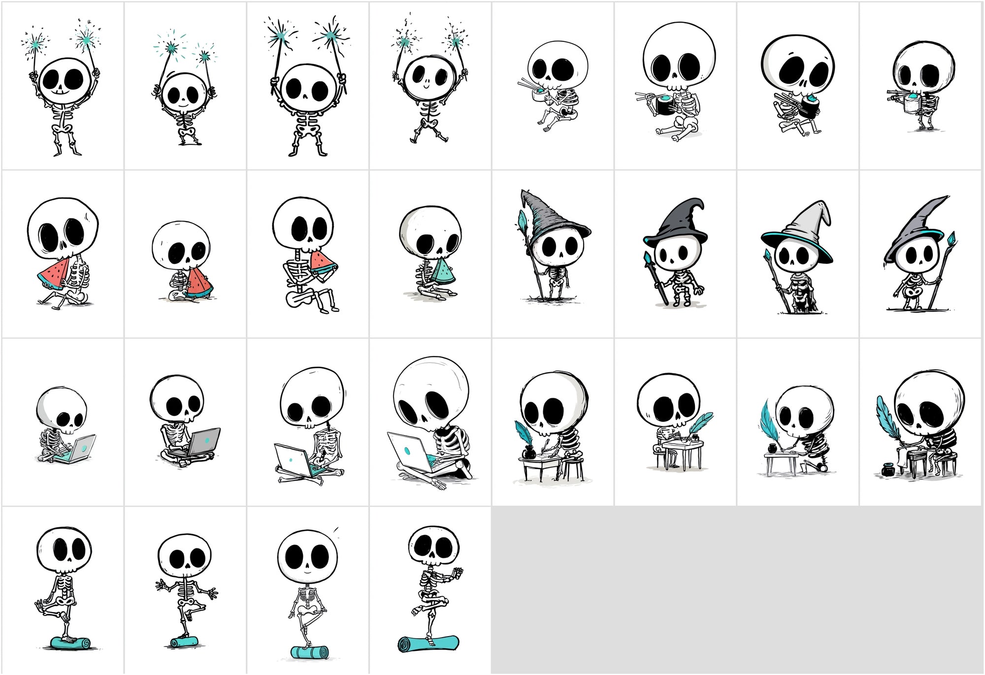 600 Cute Skeleton Doodle Clipart Bundle | Hand Drawn Stickman Skull Illustrations