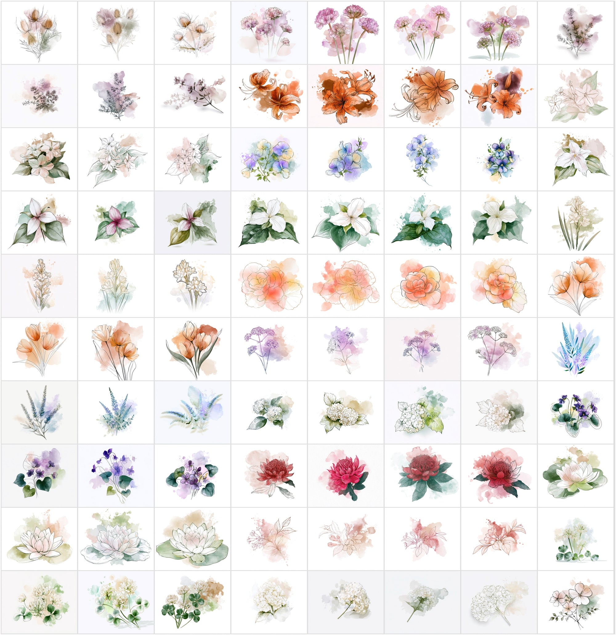 Watercolor Flower Clipart Bundle, 1140 Botanical JPG Images with Commercial License