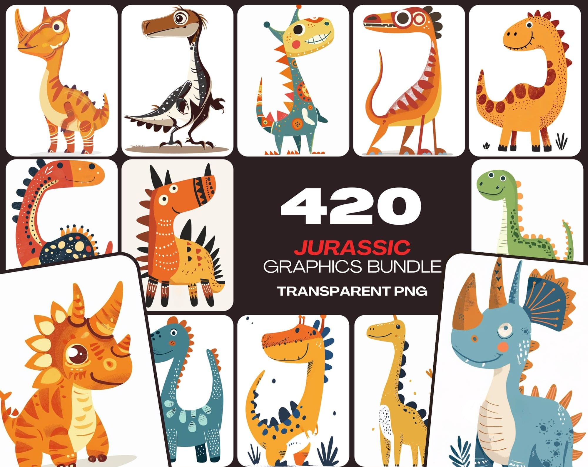 Ultimate Dinosaur Clipart: 420 High-Res PNGs | Transparent | Commercial License Digital Download Sumobundle