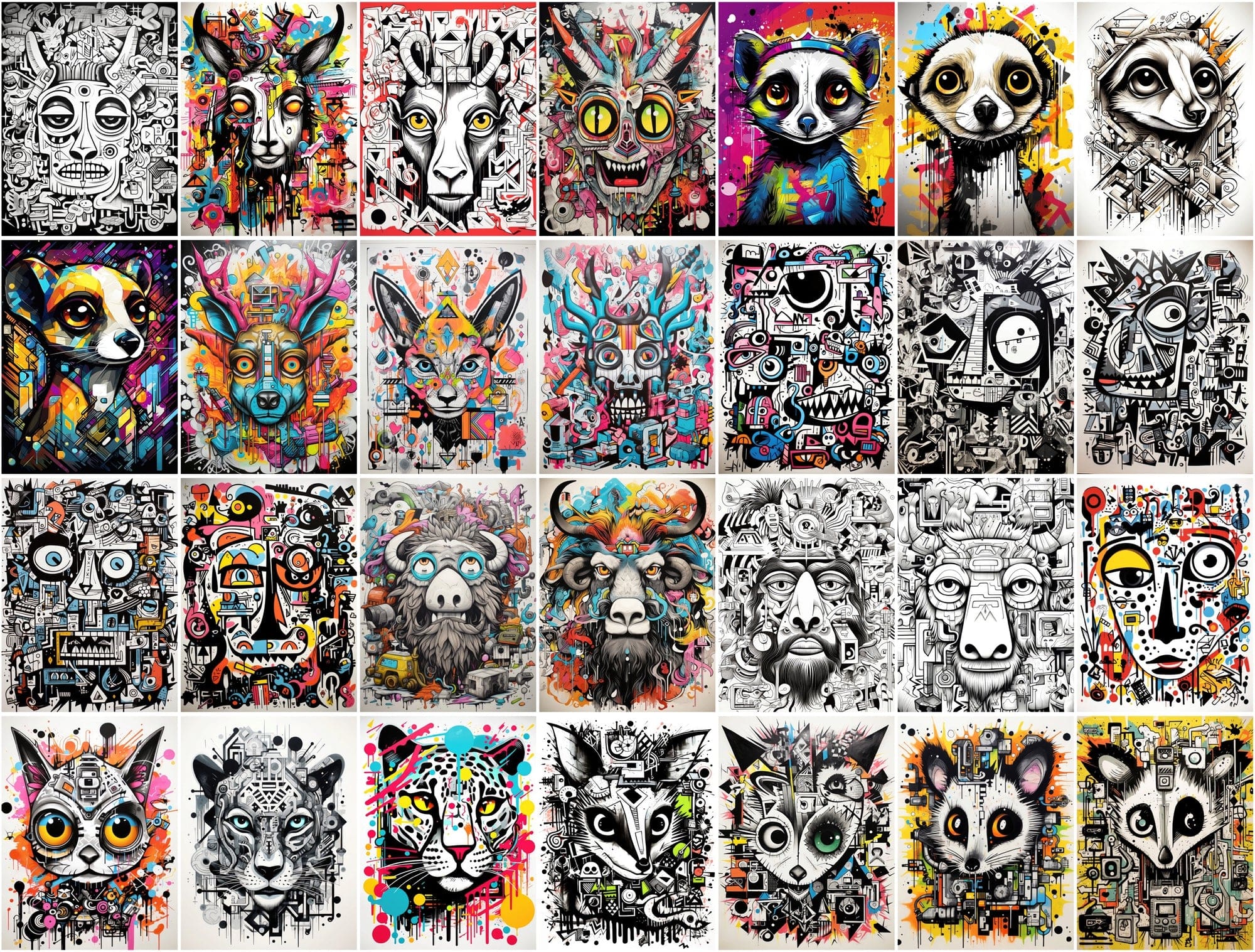 Unique Graffiti Doodle Animal Prints: High-Resolution Images for Commercial Use Digital Download Sumobundle