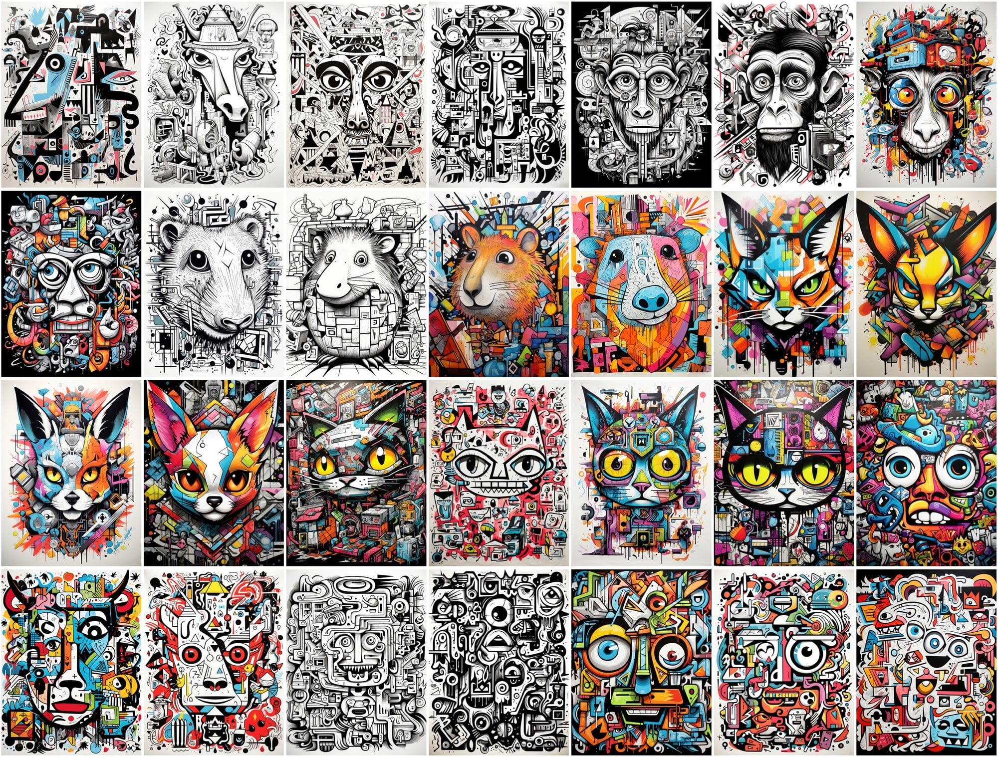 Unique Graffiti Doodle Animal Prints: High-Resolution Images for Commercial Use Digital Download Sumobundle