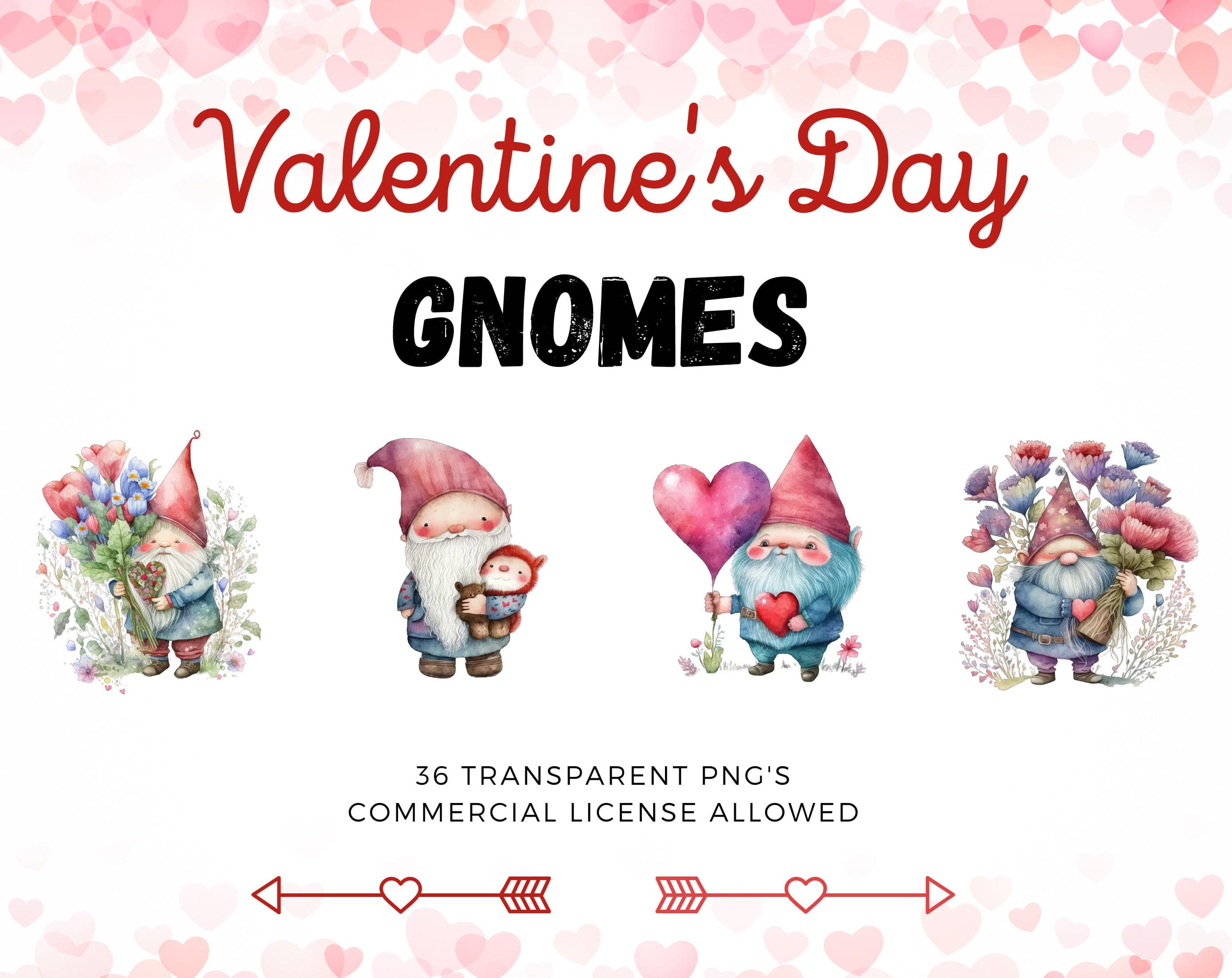 Valentine's Day Gnome Watercolor Clipart Bundle PNG for Her, Digital Download for Cards & Gifts, Watercolor Valentine Gnome Digital Download Sumobundle