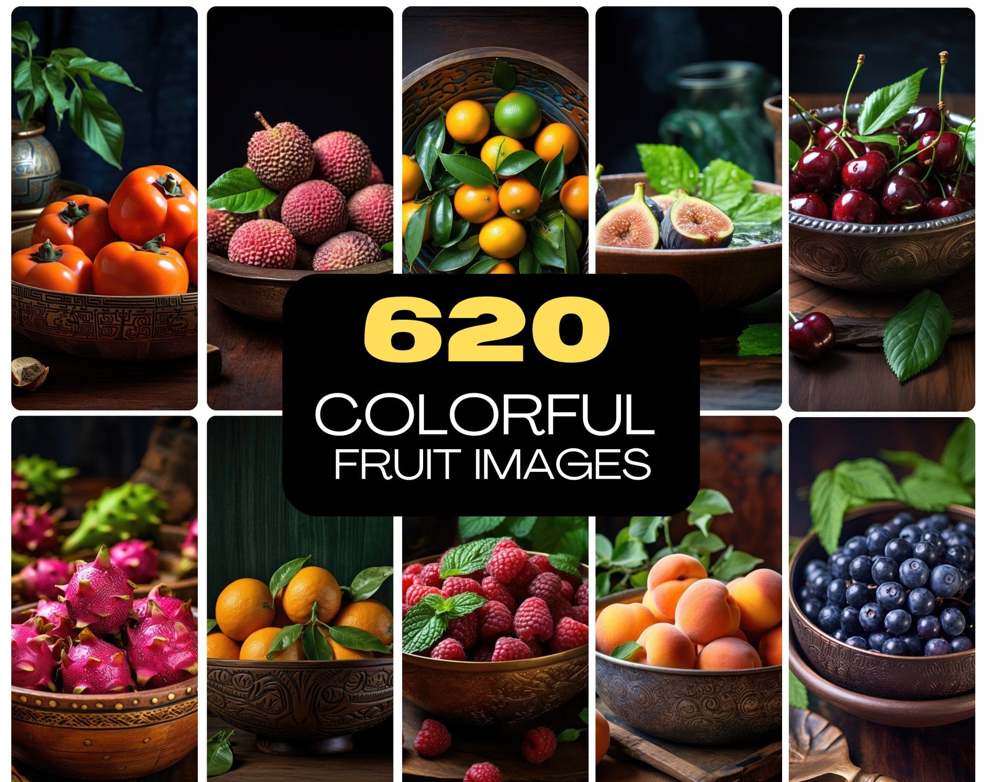 Vibrant Fruit Bowl Image Collection - 620 High-Resolution JPEGs with Commercial License, Colorful and Diverse Digital Download Sumobundle