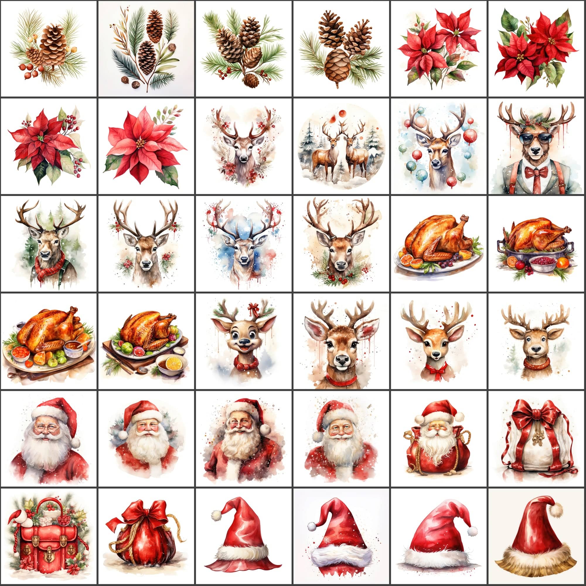 Vibrant Watercolor Christmas Illustrations! Christmas Tree, Santa Claus, Snowflakes, and More! Digital Download Sumobundle