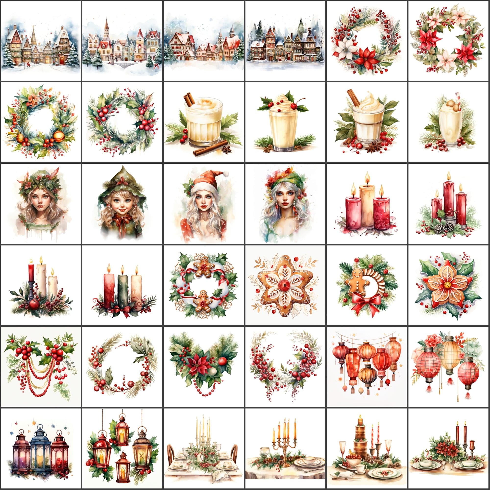 Vibrant Watercolor Christmas Illustrations! Christmas Tree, Santa Claus, Snowflakes, and More! Digital Download Sumobundle