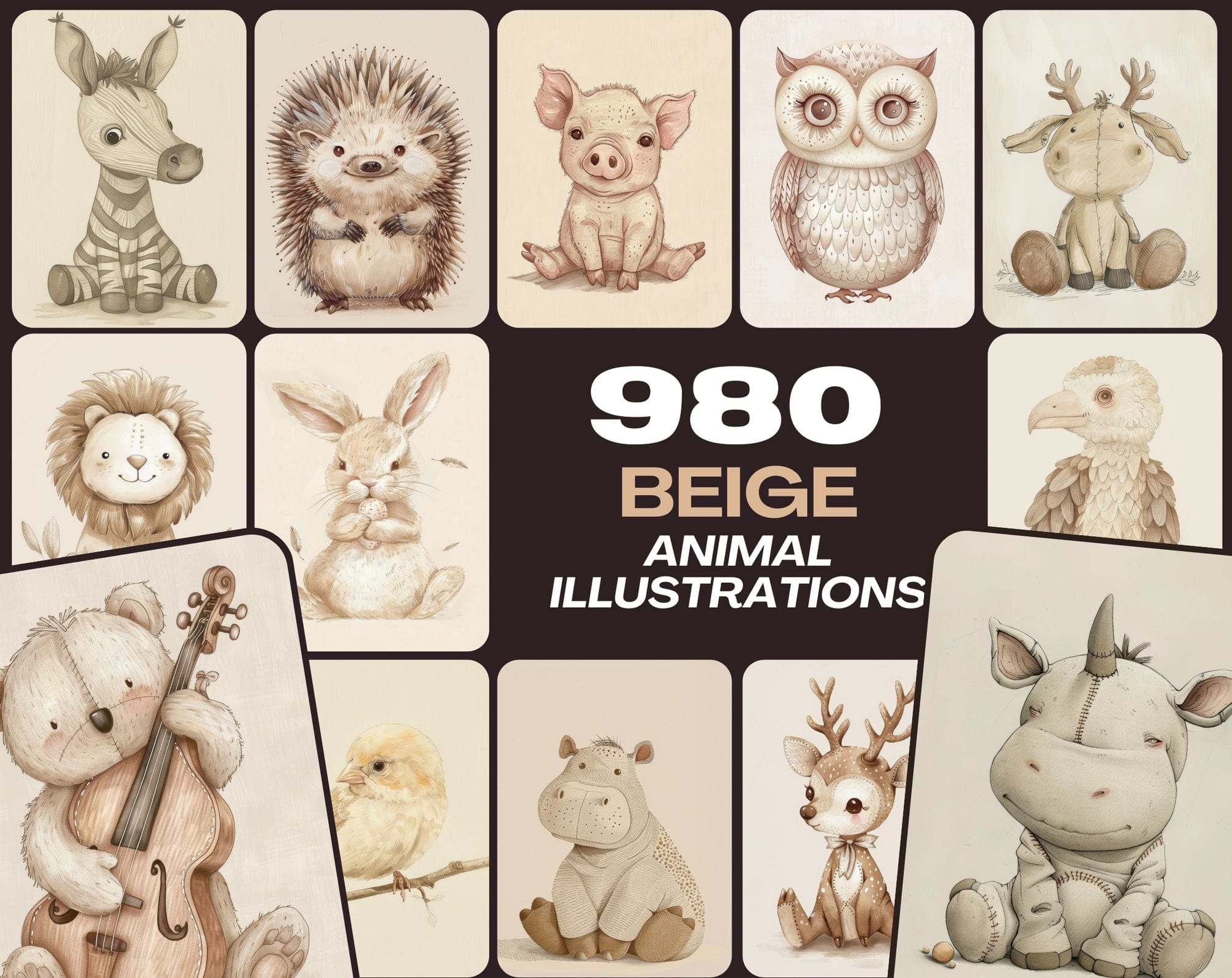 Vintage Animal Illustrations | 980 Retro Beige JPG Images | Commercial License Digital Download Sumobundle