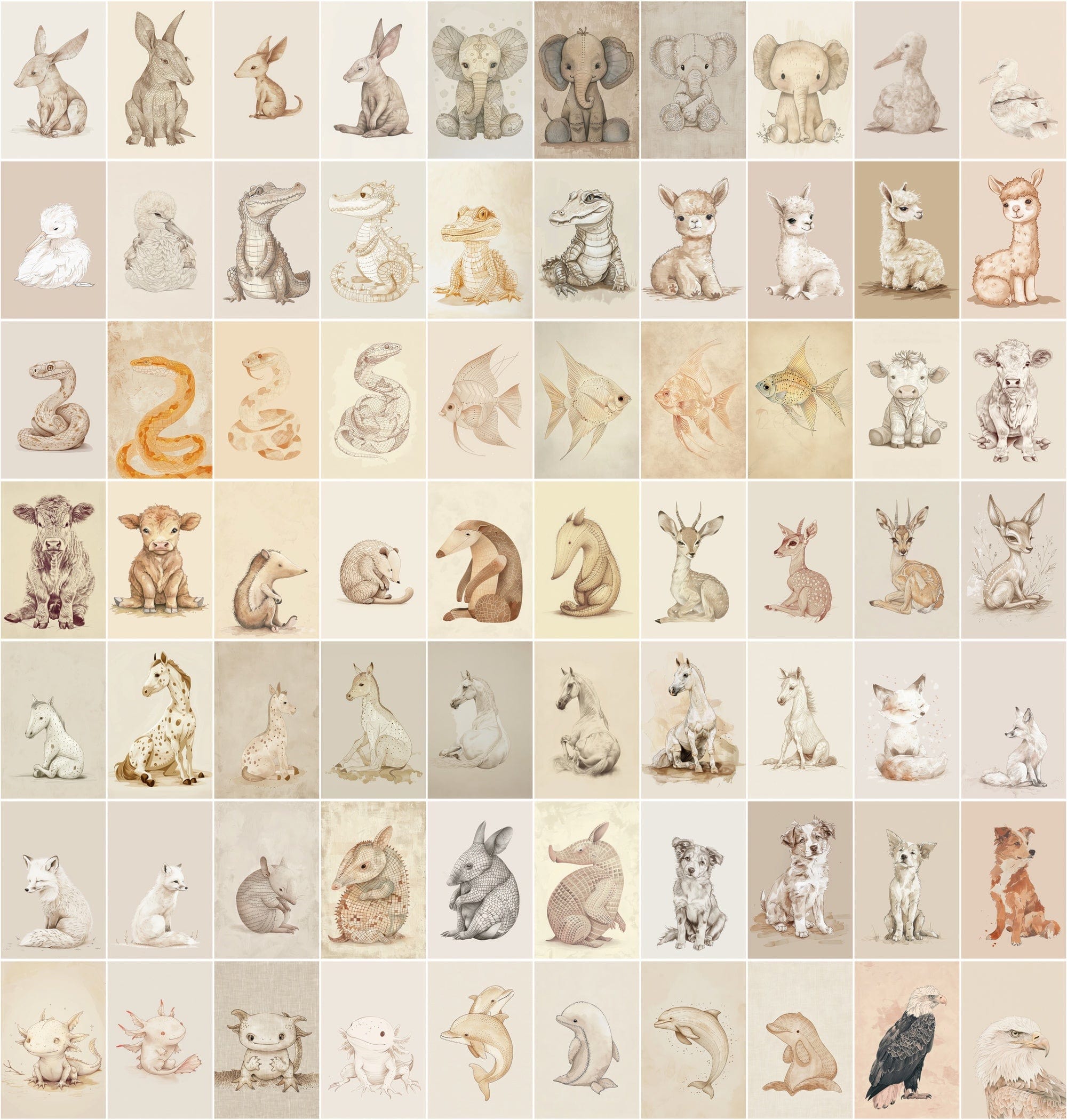 Vintage Animal Illustrations | 980 Retro Beige JPG Images | Commercial License Digital Download Sumobundle