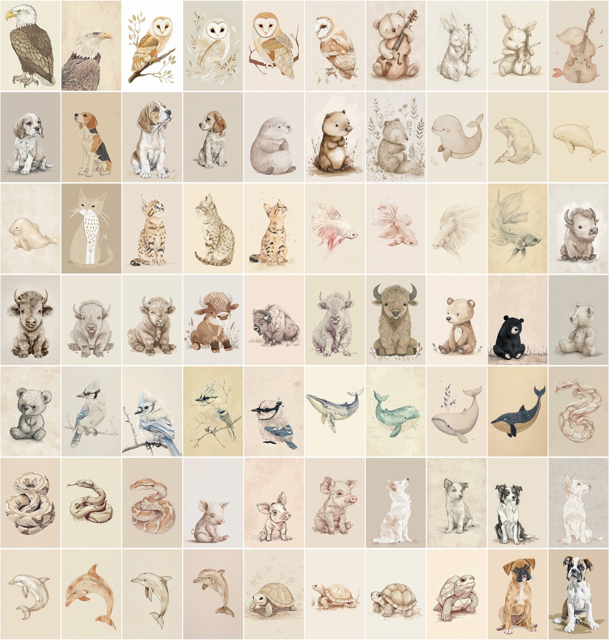 Vintage Animal Illustrations | 980 Retro Beige JPG Images | Commercial License Digital Download Sumobundle