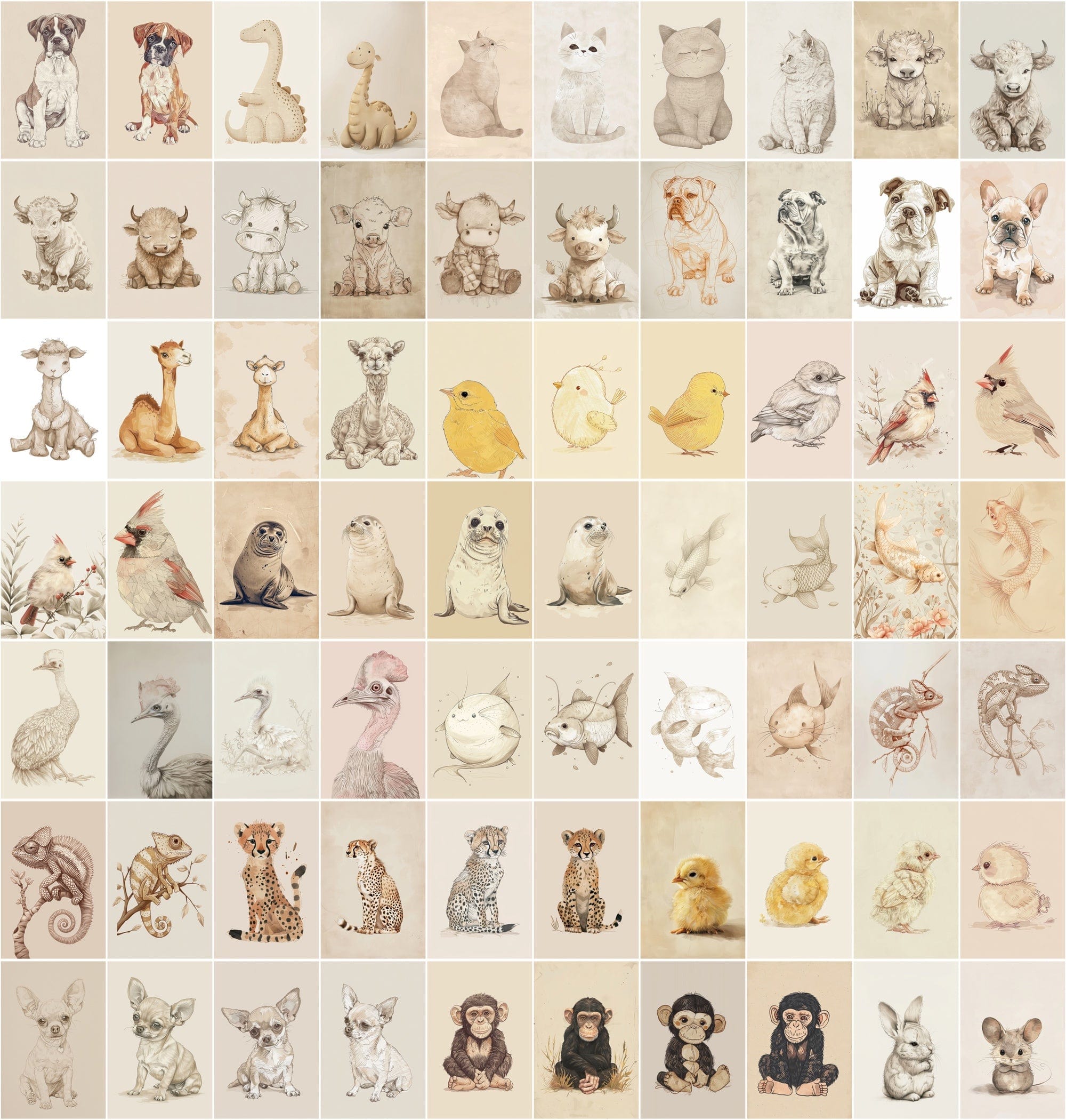 Vintage Animal Illustrations | 980 Retro Beige JPG Images | Commercial License Digital Download Sumobundle