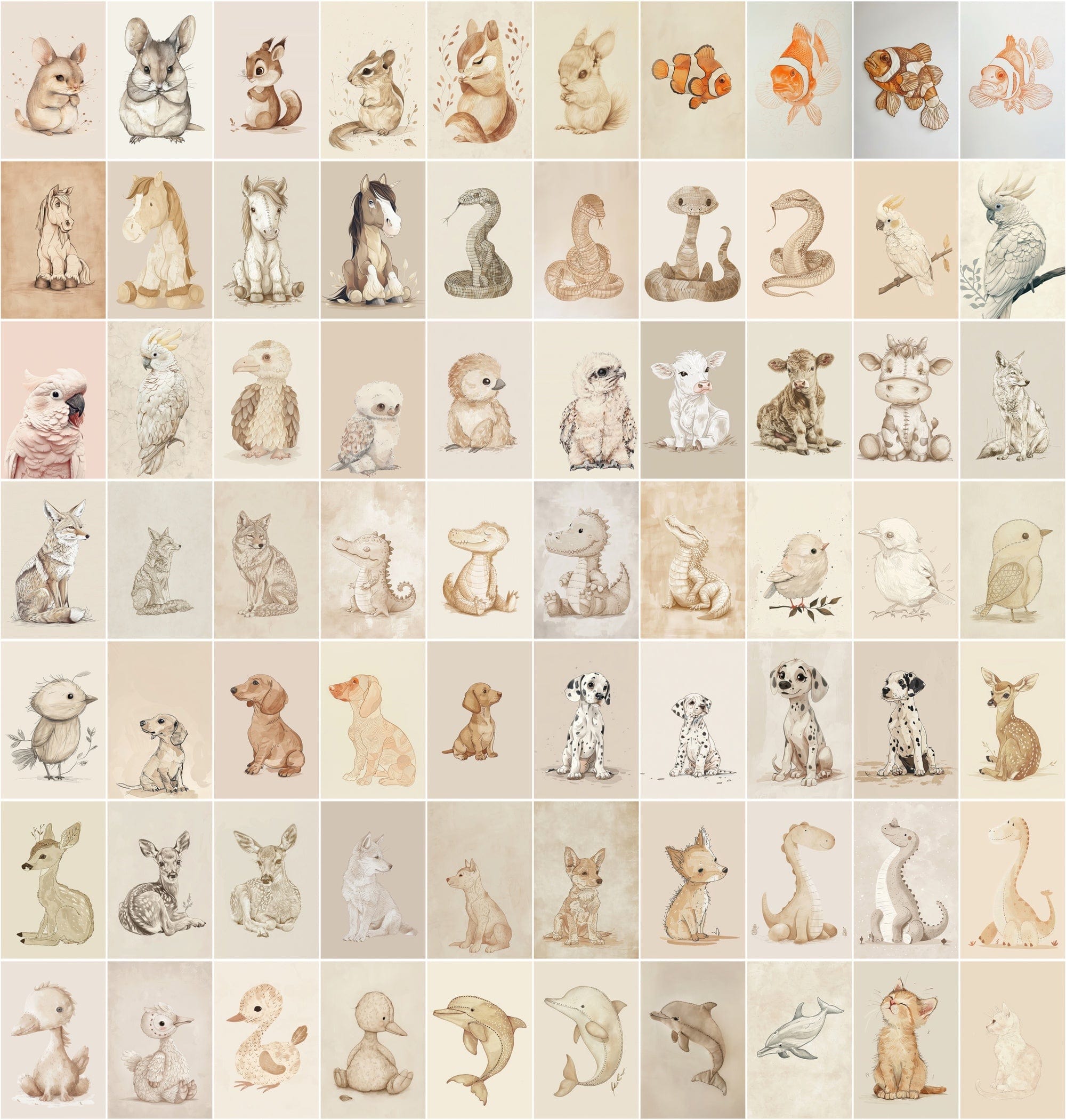 Vintage Animal Illustrations | 980 Retro Beige JPG Images | Commercial License Digital Download Sumobundle