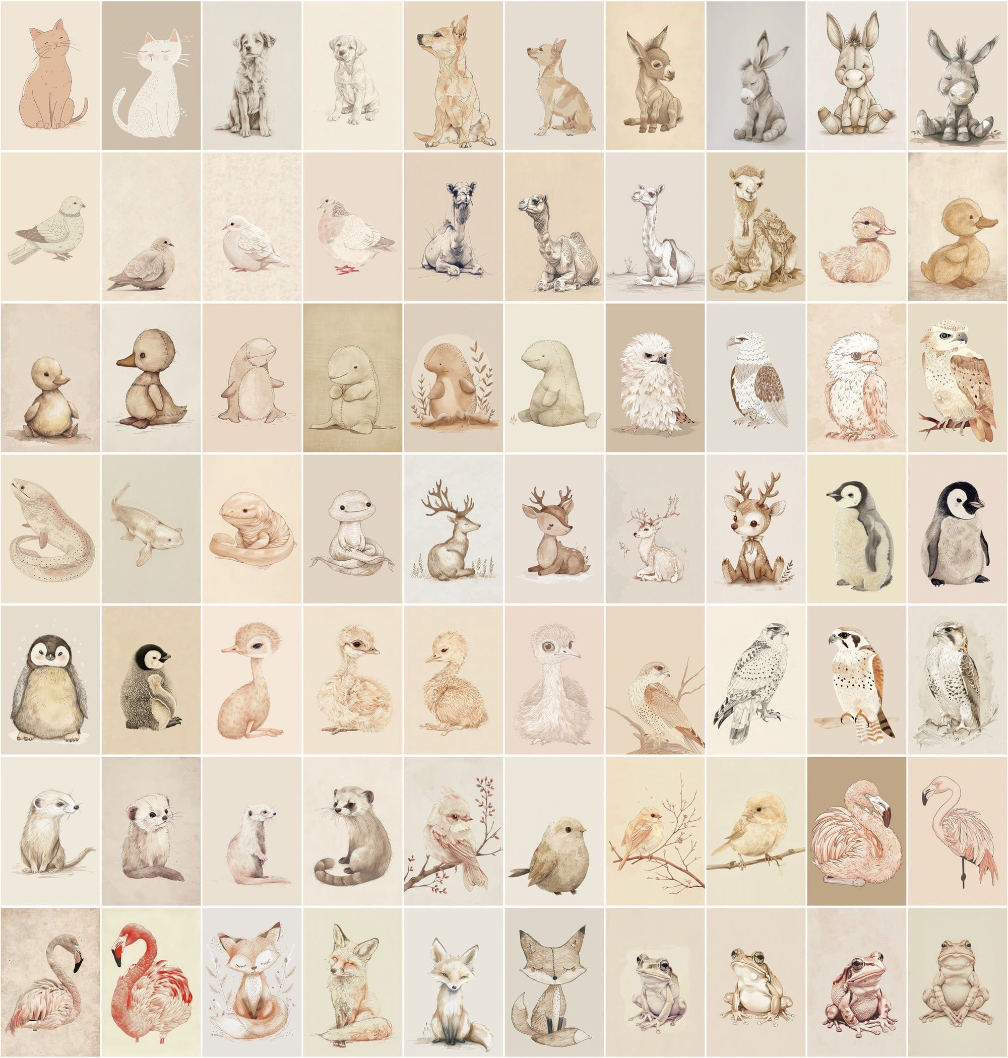 Vintage Animal Illustrations | 980 Retro Beige JPG Images | Commercial License Digital Download Sumobundle