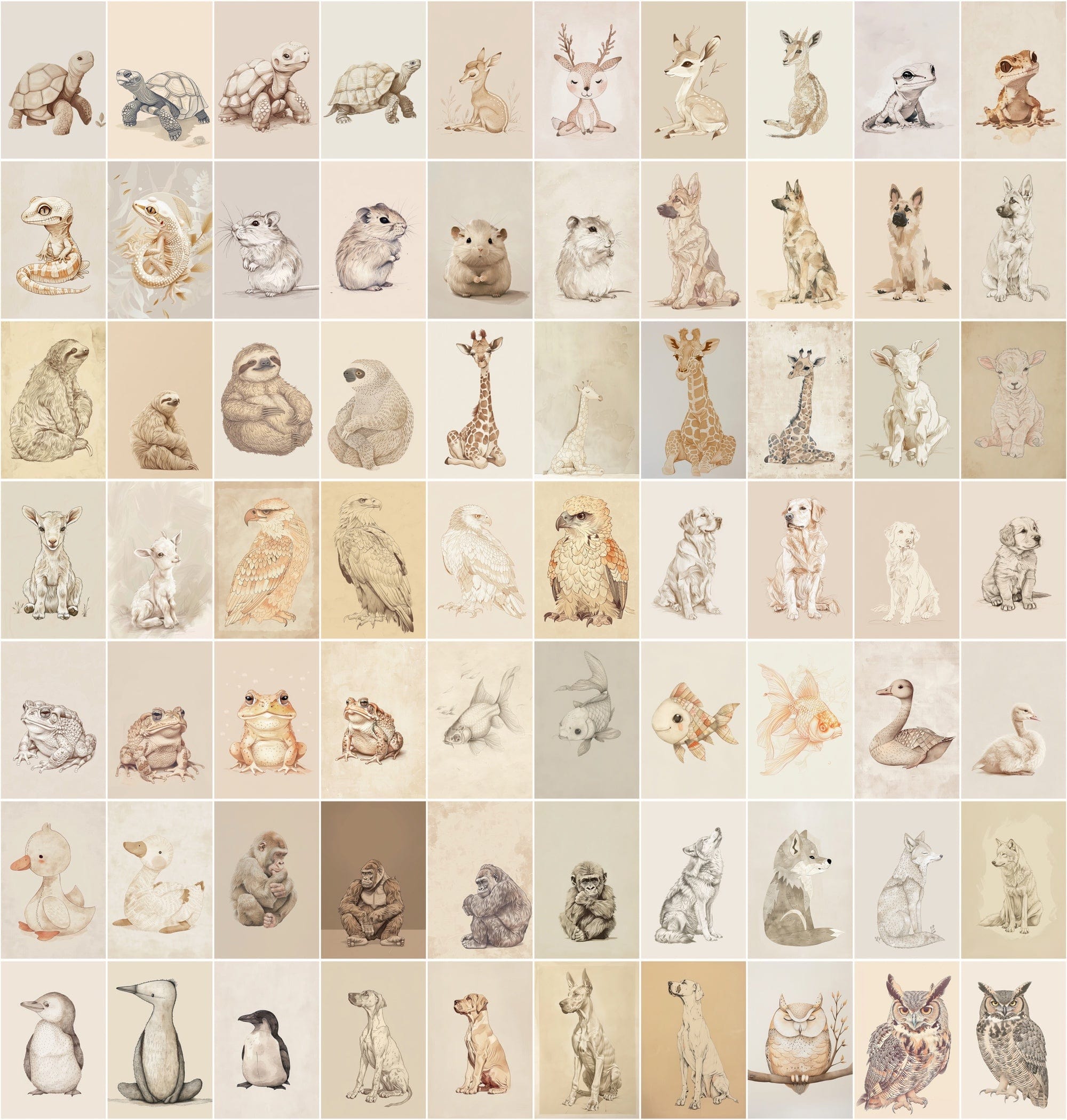 Vintage Animal Illustrations | 980 Retro Beige JPG Images | Commercial License Digital Download Sumobundle