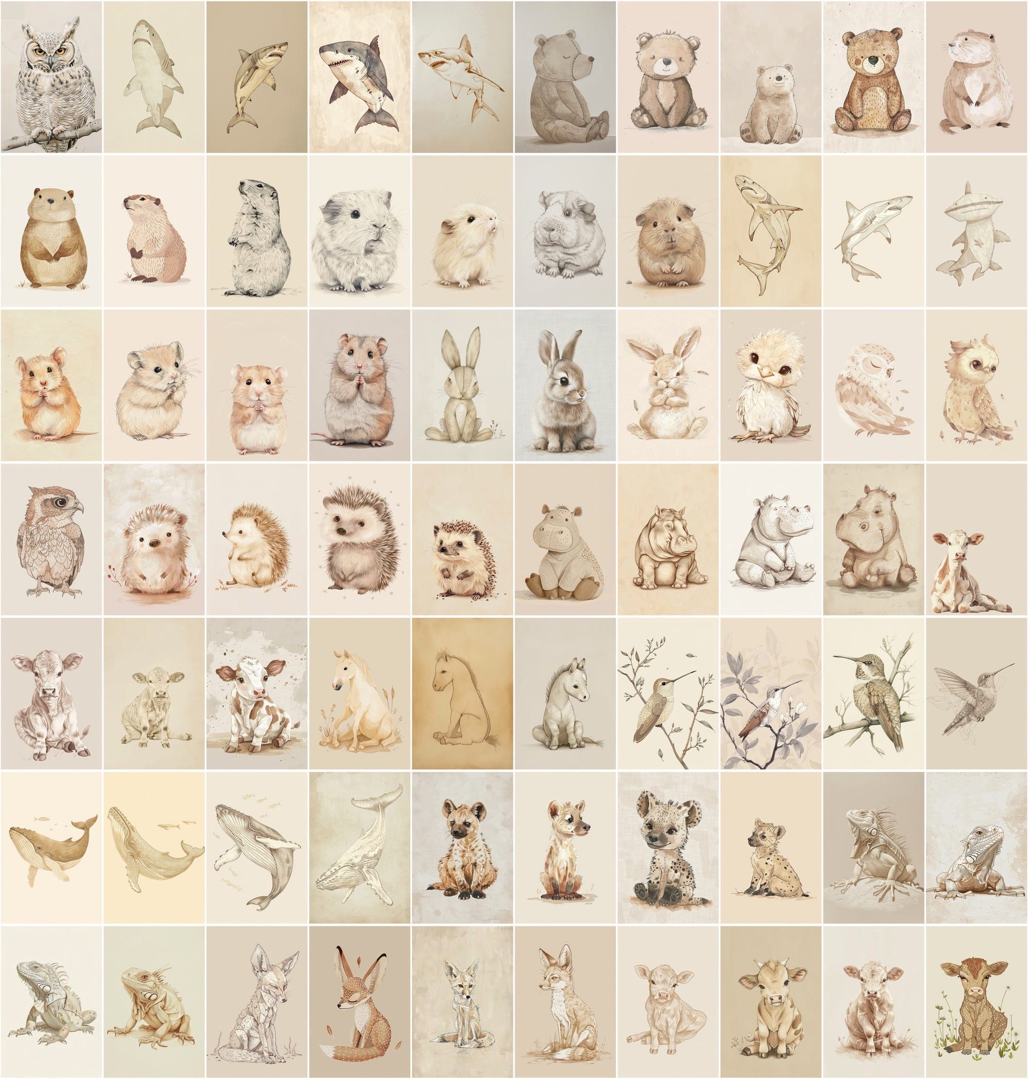 Vintage Animal Illustrations | 980 Retro Beige JPG Images | Commercial License Digital Download Sumobundle