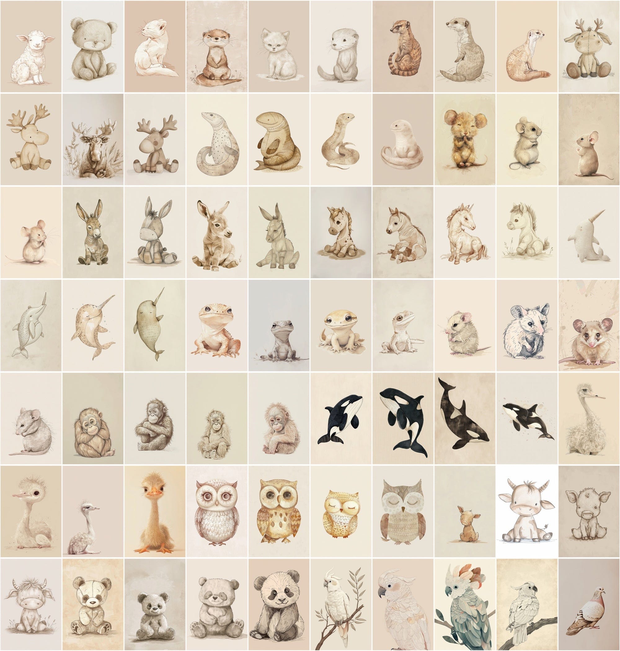 Vintage Animal Illustrations | 980 Retro Beige JPG Images | Commercial License Digital Download Sumobundle