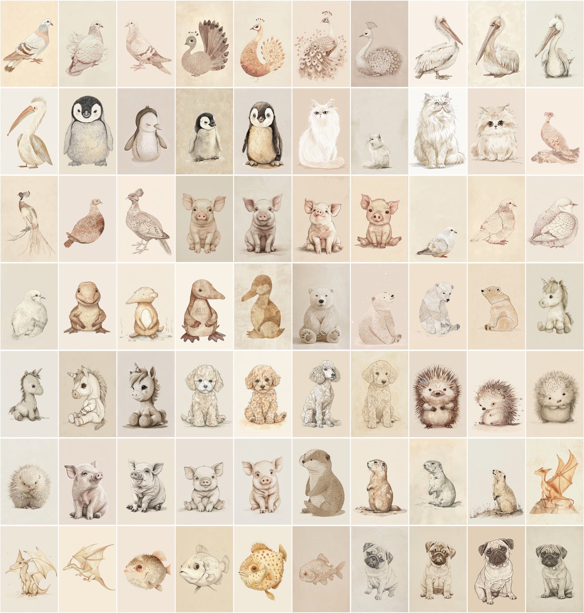 Vintage Animal Illustrations | 980 Retro Beige JPG Images | Commercial License Digital Download Sumobundle