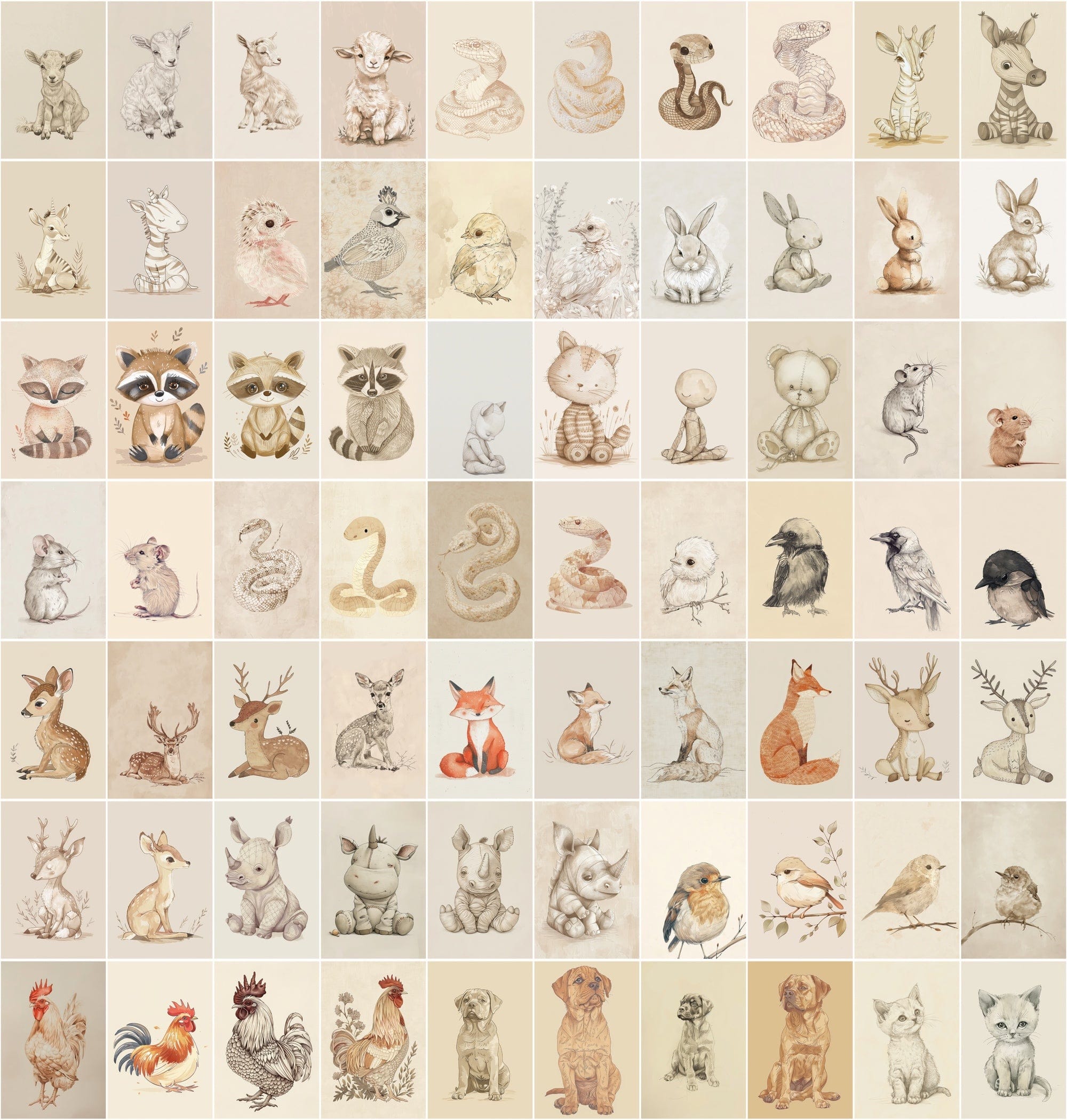 Vintage Animal Illustrations | 980 Retro Beige JPG Images | Commercial License Digital Download Sumobundle