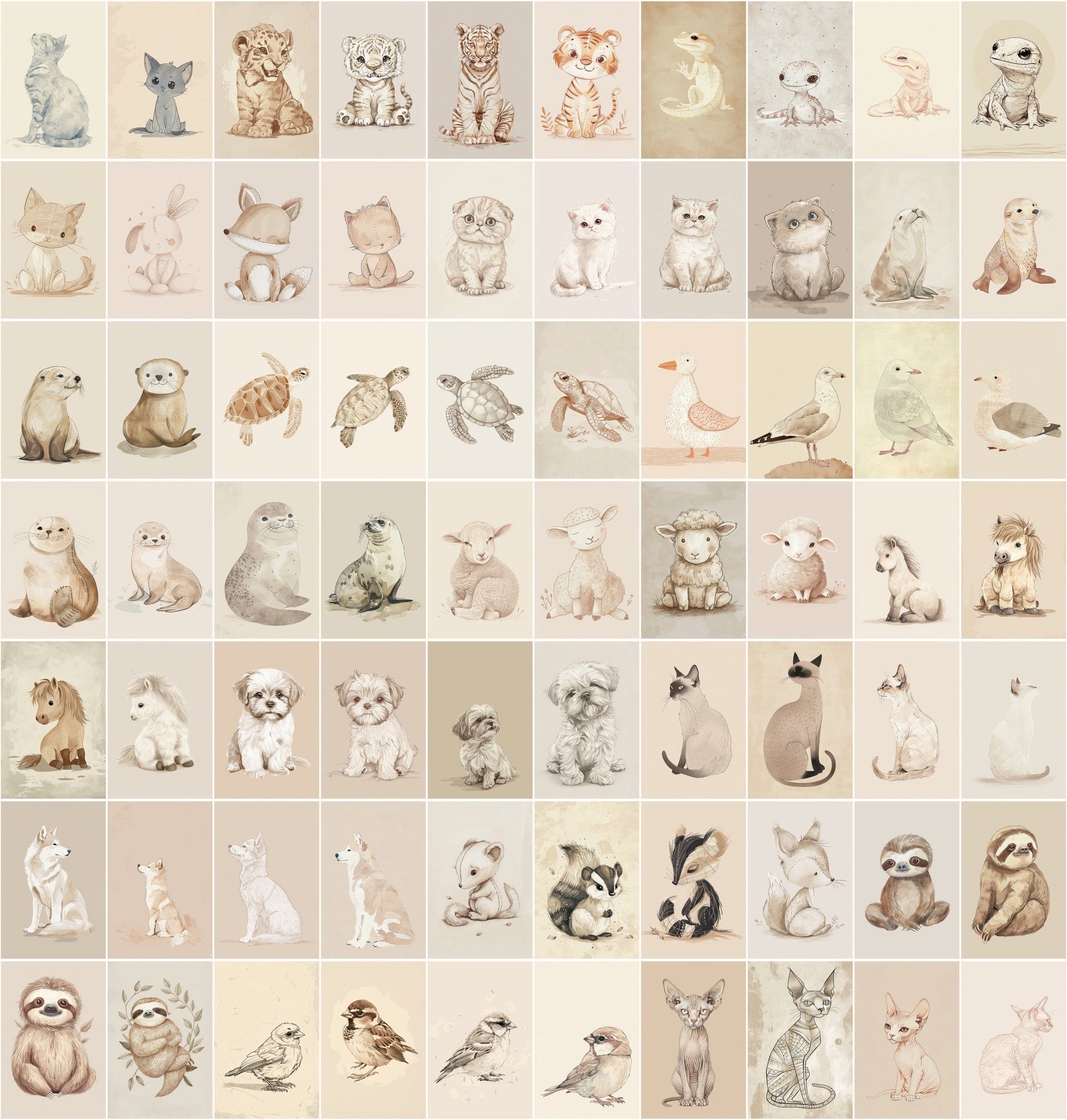 Vintage Animal Illustrations | 980 Retro Beige JPG Images | Commercial License Digital Download Sumobundle