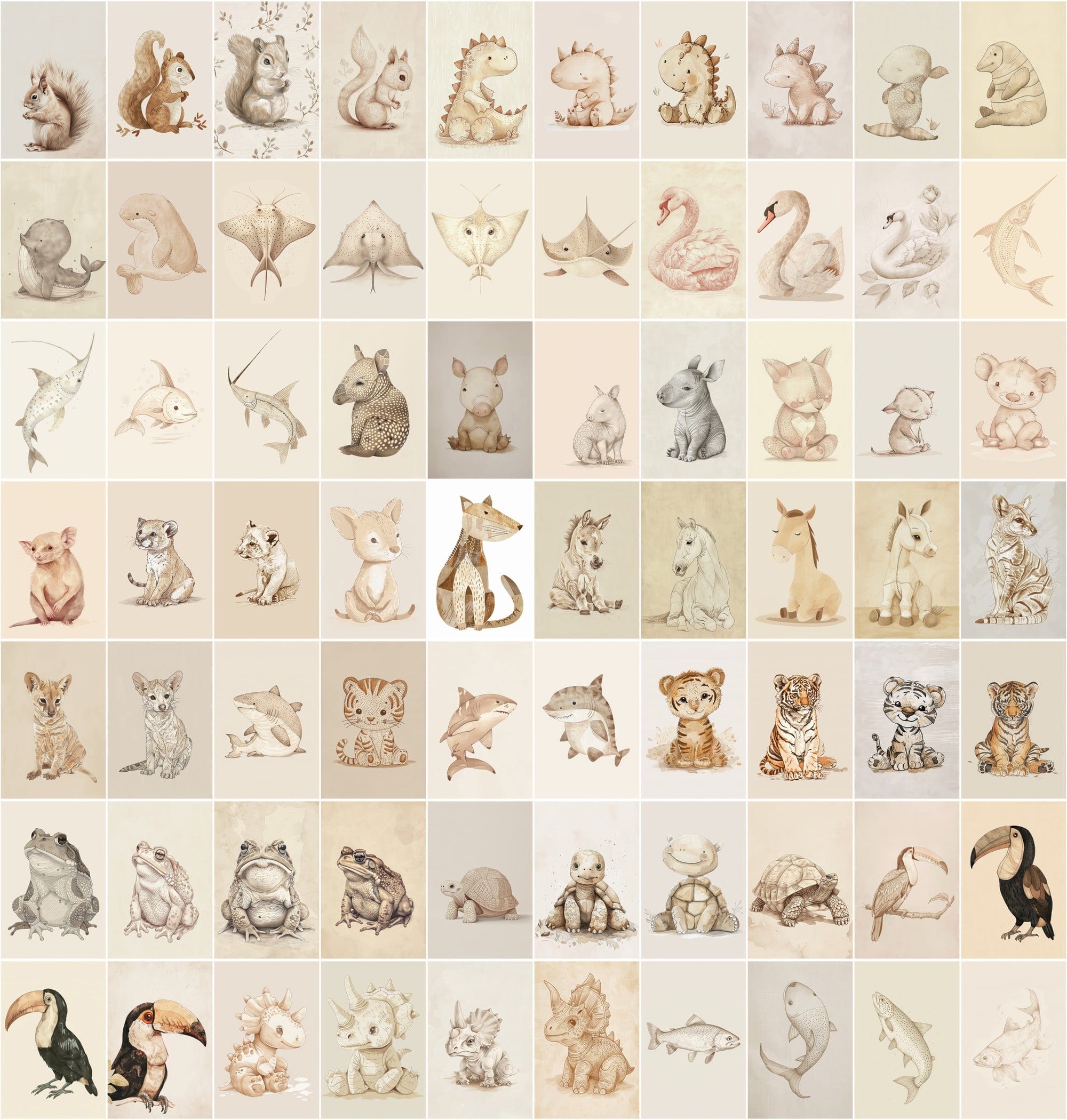 Vintage Animal Illustrations | 980 Retro Beige JPG Images | Commercial License Digital Download Sumobundle