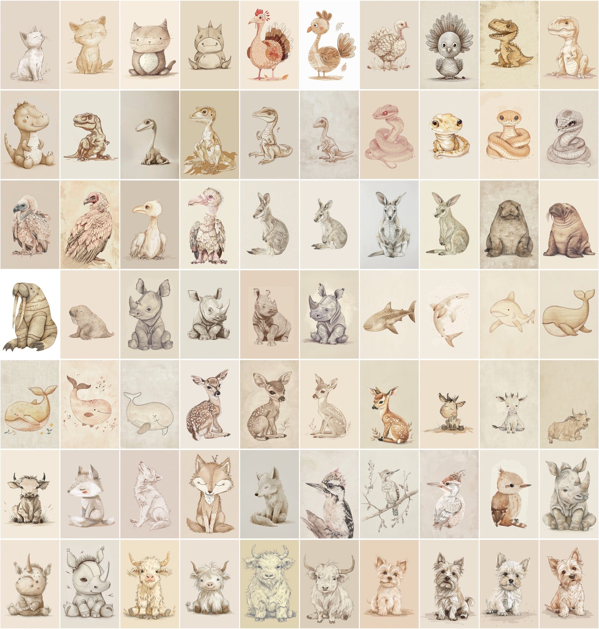 Vintage Animal Illustrations | 980 Retro Beige JPG Images | Commercial License Digital Download Sumobundle