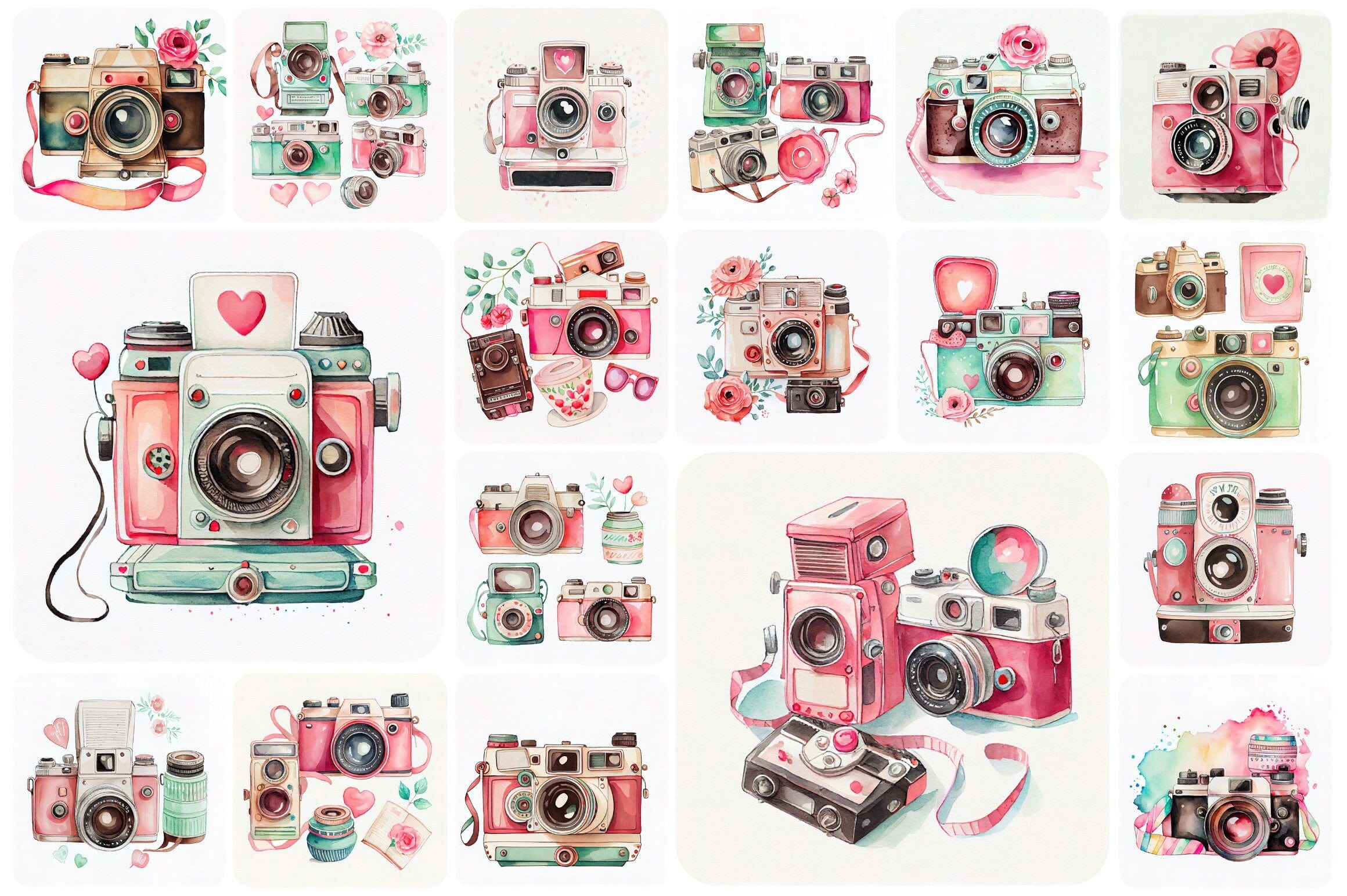 Vintage Camera Love: A Valentine's Day Clipart Collection with Retro Cameras and Watercolor Florals - Retro Vintage Watercolor Cameras Digital Download Sumobundle