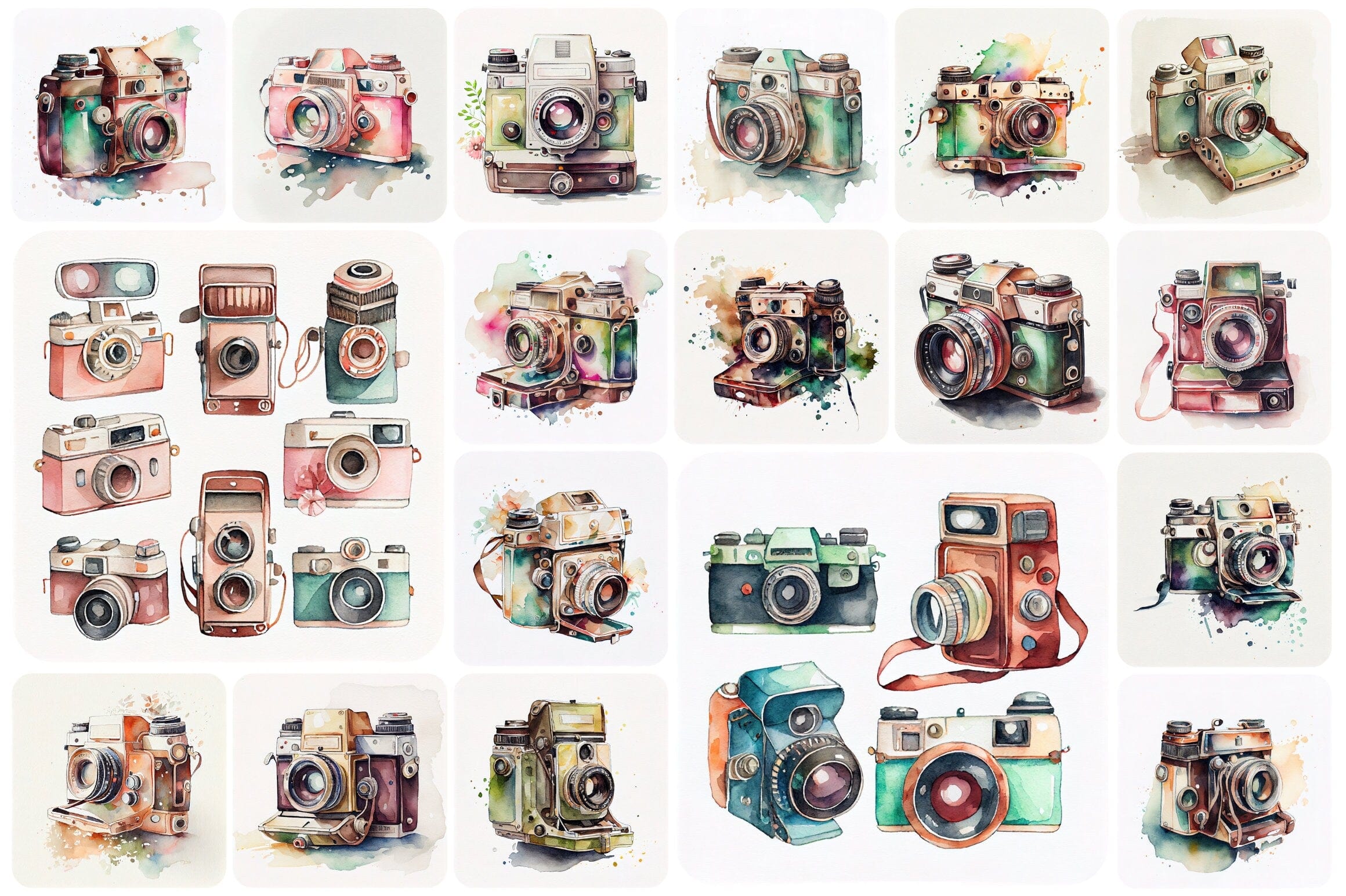 Vintage Camera Love: A Valentine's Day Clipart Collection with Retro Cameras and Watercolor Florals - Retro Vintage Watercolor Cameras Digital Download Sumobundle