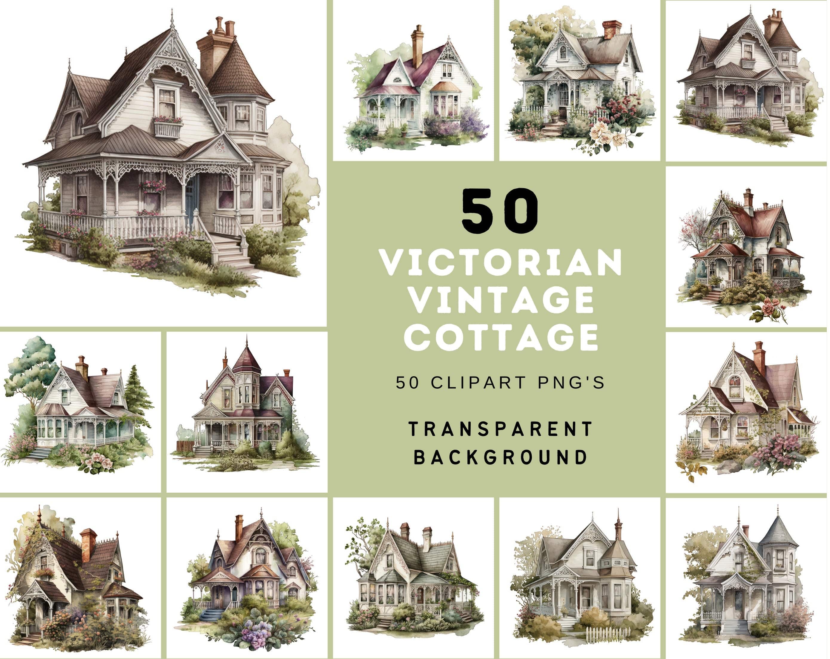 Vintage Victorian Cottage House Illustrations - 50 Transparent PNG Images for DIY Crafting and Home Decor, Commercial use, Graphic Bundle Digital Download Sumobundle