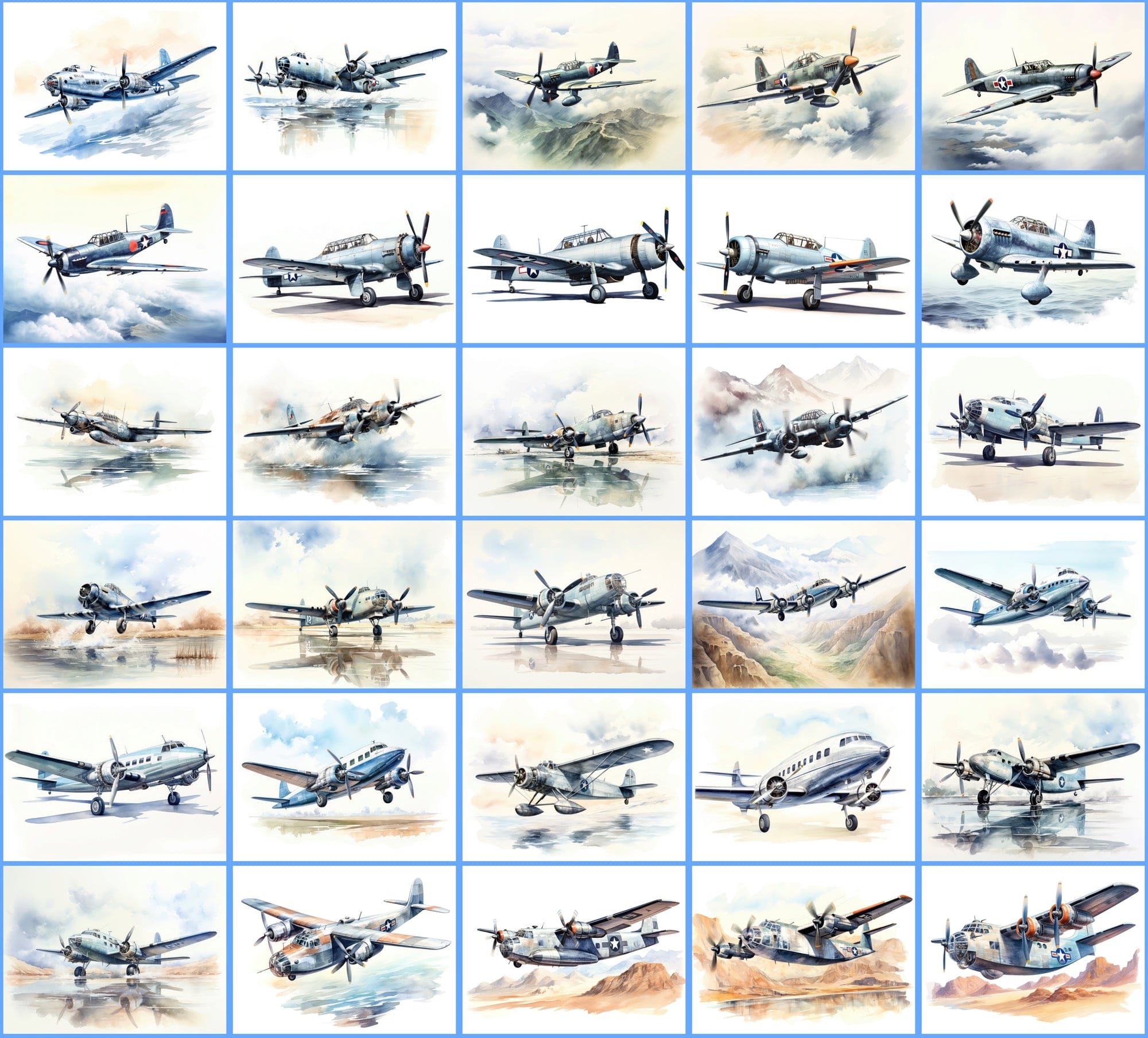 Watercolor Airplane PNG Collection: 350 Vintage Fighter and Bomber Plane Illustrations with Commercial License Digital Download Sumobundle