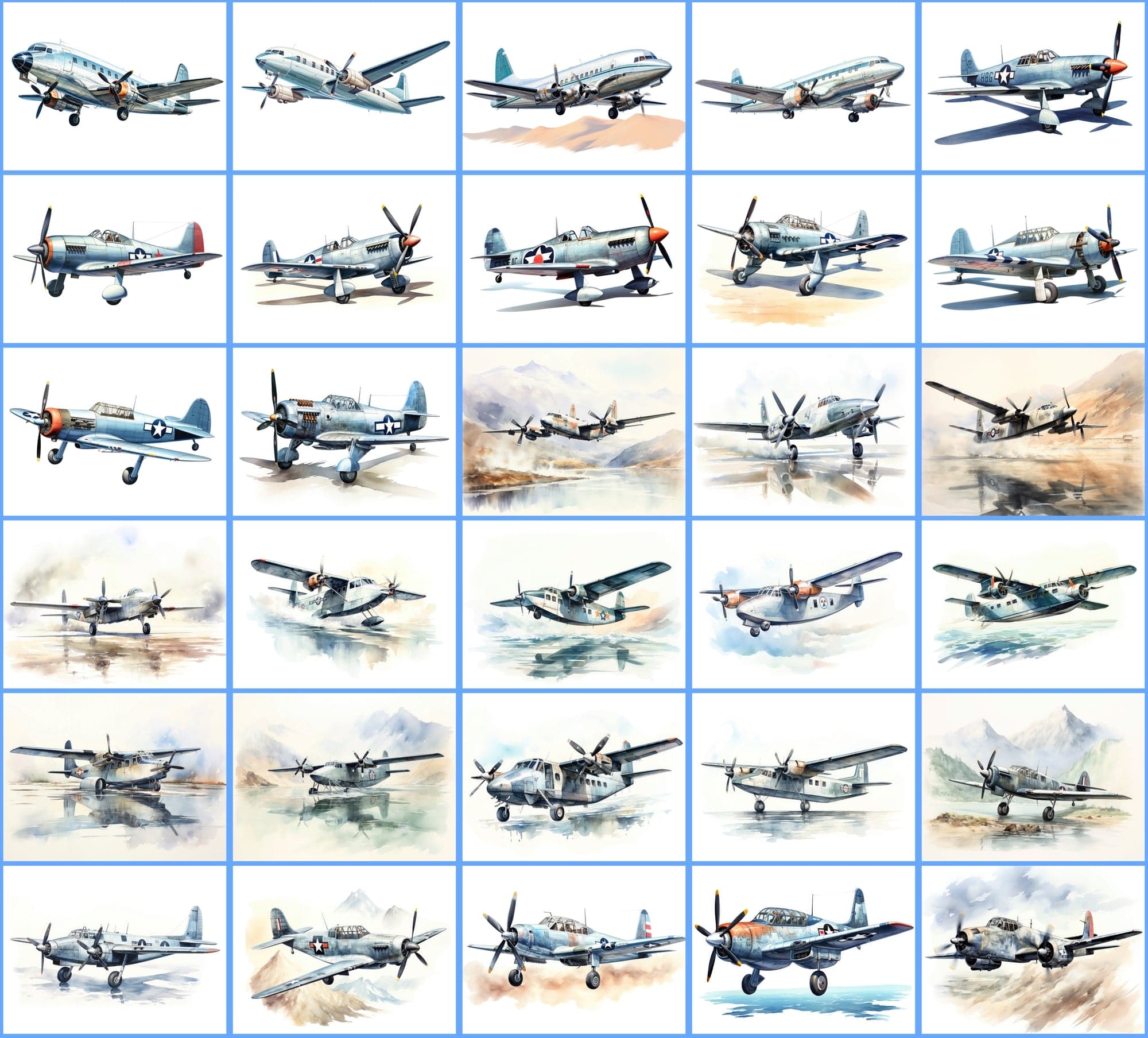 Watercolor Airplane PNG Collection: 350 Vintage Fighter and Bomber Plane Illustrations with Commercial License Digital Download Sumobundle