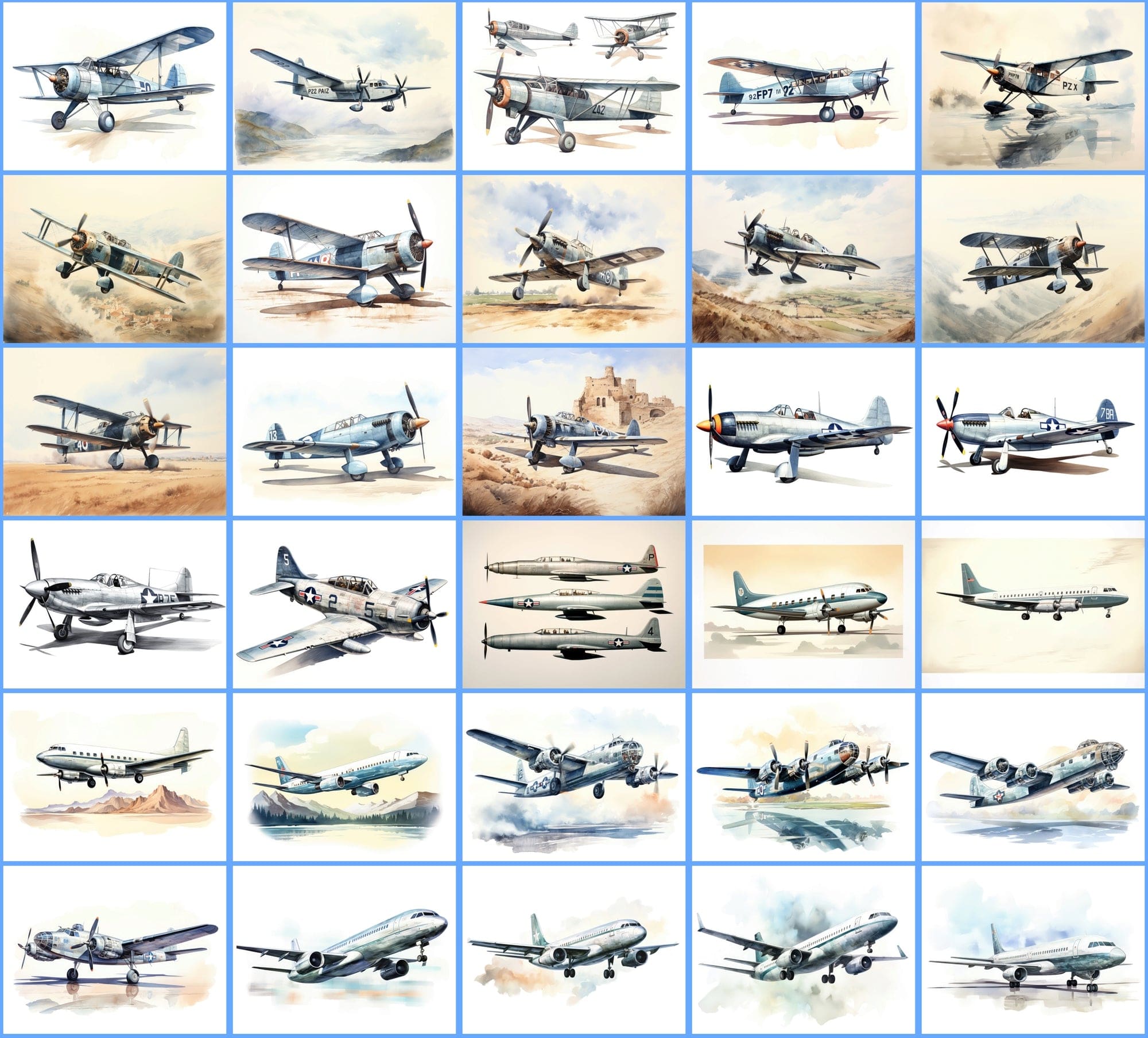 Watercolor Airplane PNG Collection: 350 Vintage Fighter and Bomber Plane Illustrations with Commercial License Digital Download Sumobundle