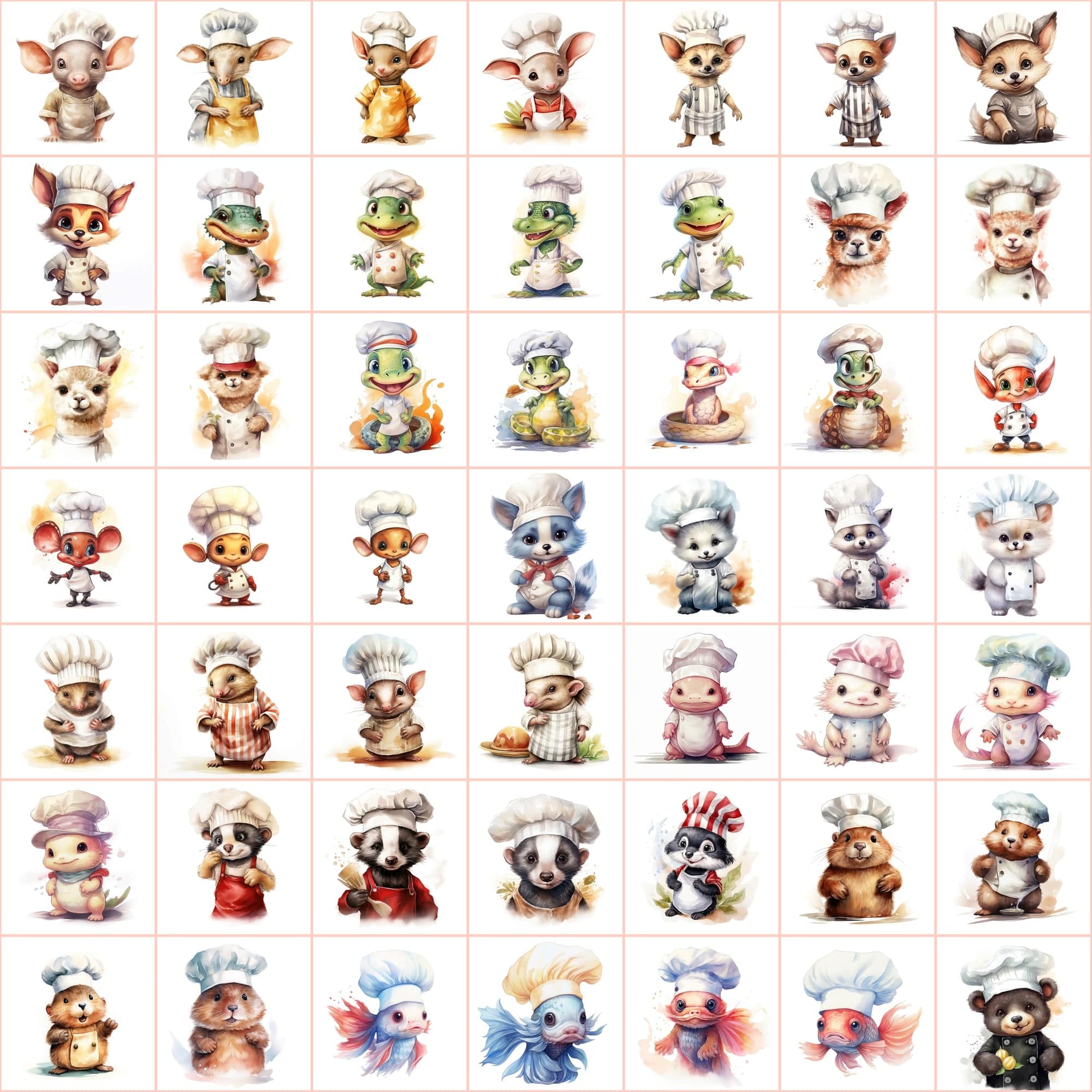 Watercolor Animals with Chef Hats, 590 PNG Images, White & Transparent Backgrounds, Commercial License Included Digital Download Sumobundle