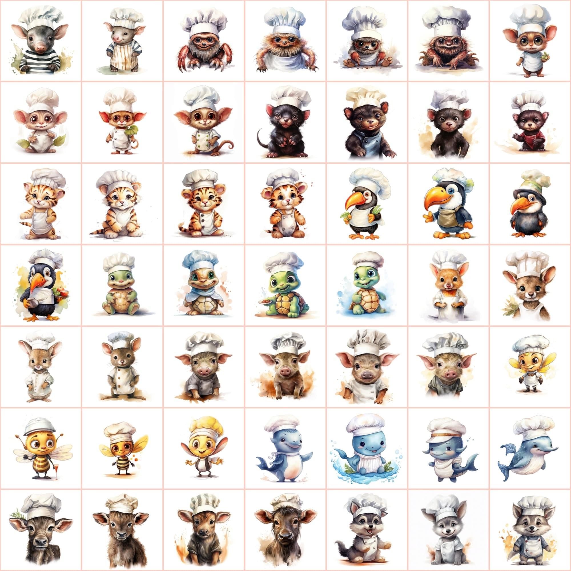 Watercolor Animals with Chef Hats, 590 PNG Images, White & Transparent Backgrounds, Commercial License Included Digital Download Sumobundle