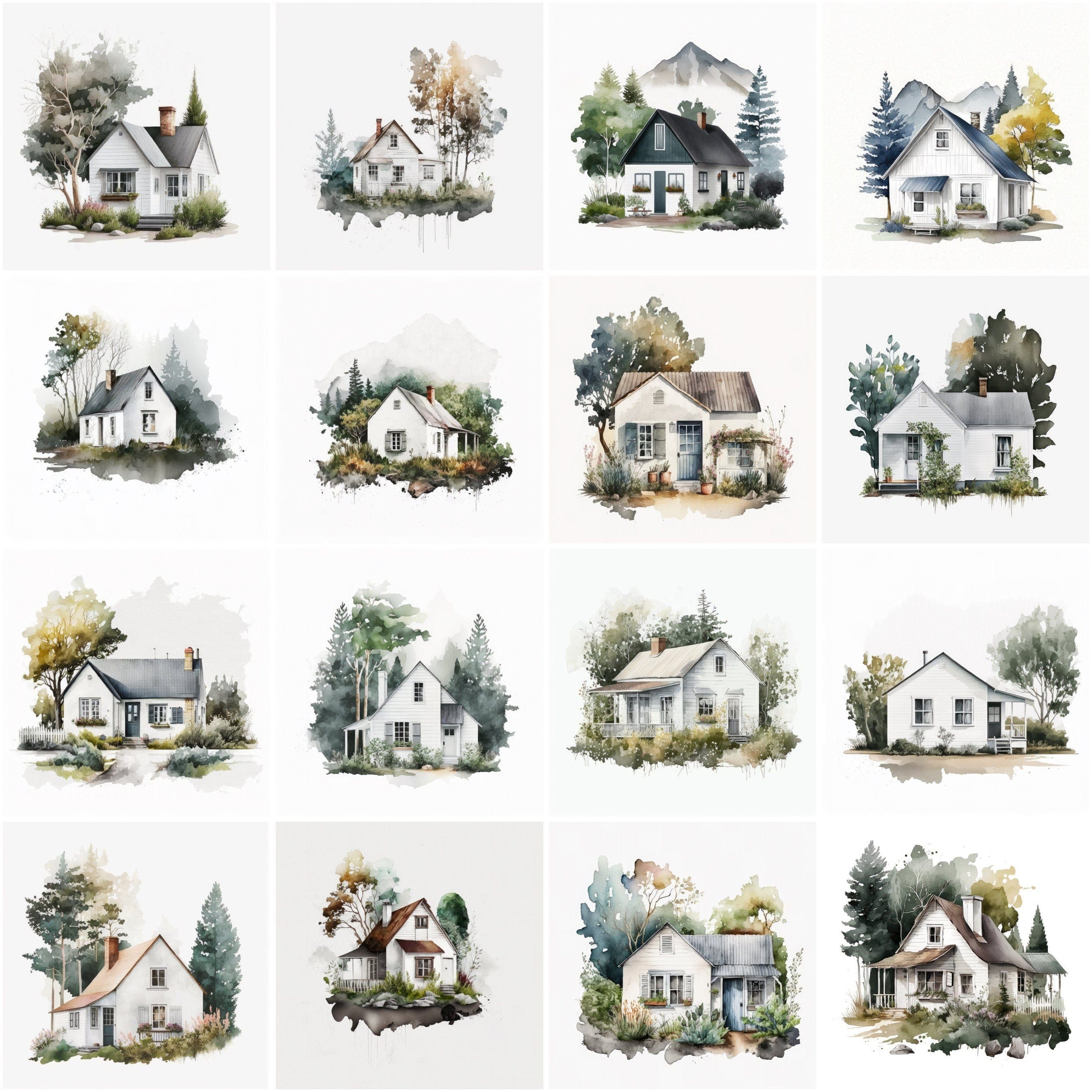 Watercolor Cottage Bundle: 60 Minimalist Cottage Images for Rustic Home Decor, Digital Download Digital Download Sumobundle