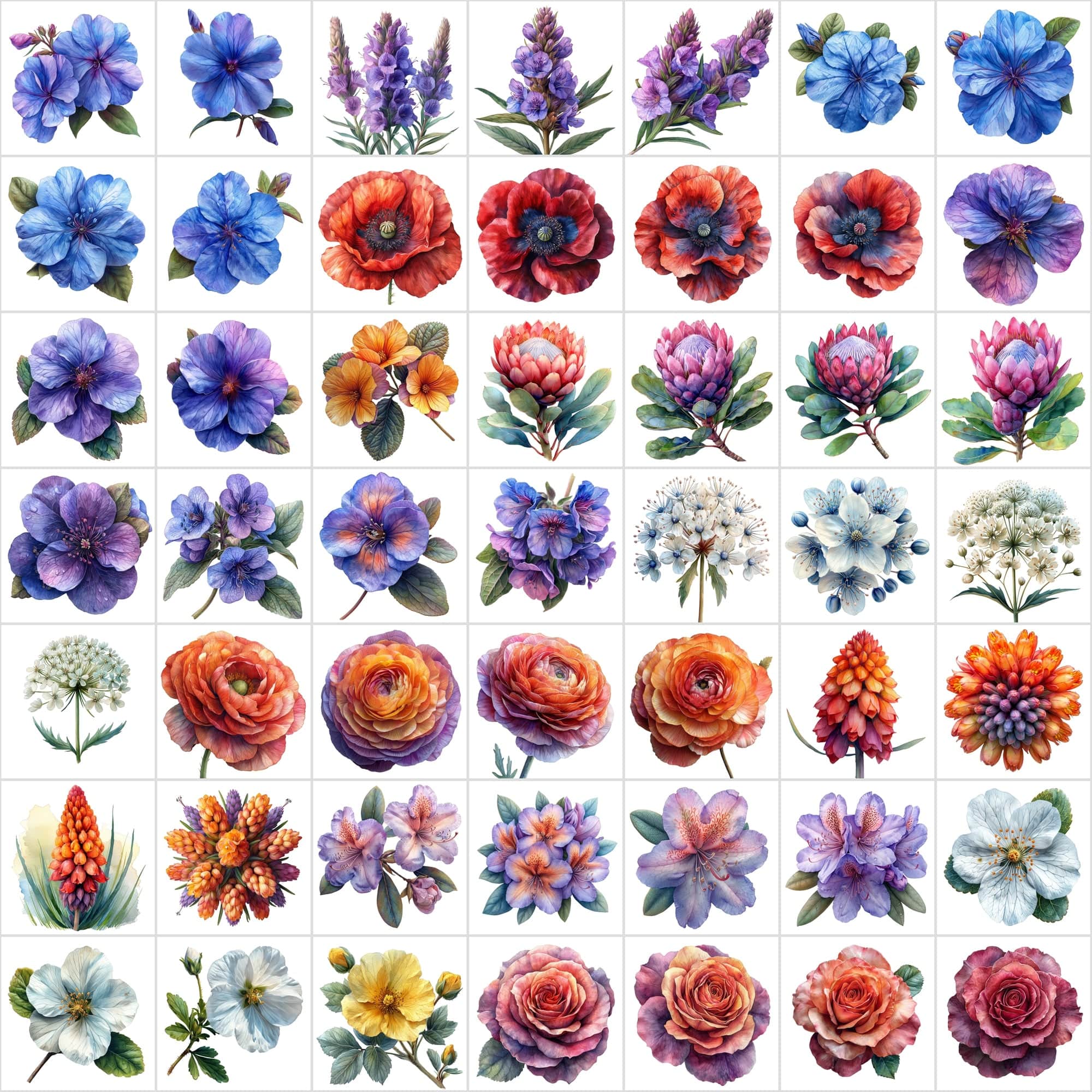 Watercolor Flower PNG Images Bundle - 570 Top View Floral Designs with Transparent & White Background Digital Download Sumobundle