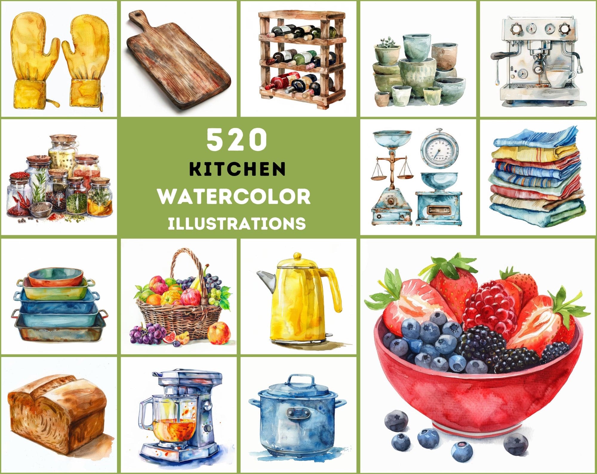 Watercolor Kitchen Elements Collection - 520 JPG Illustrations - Commercial License Digital Download Sumobundle